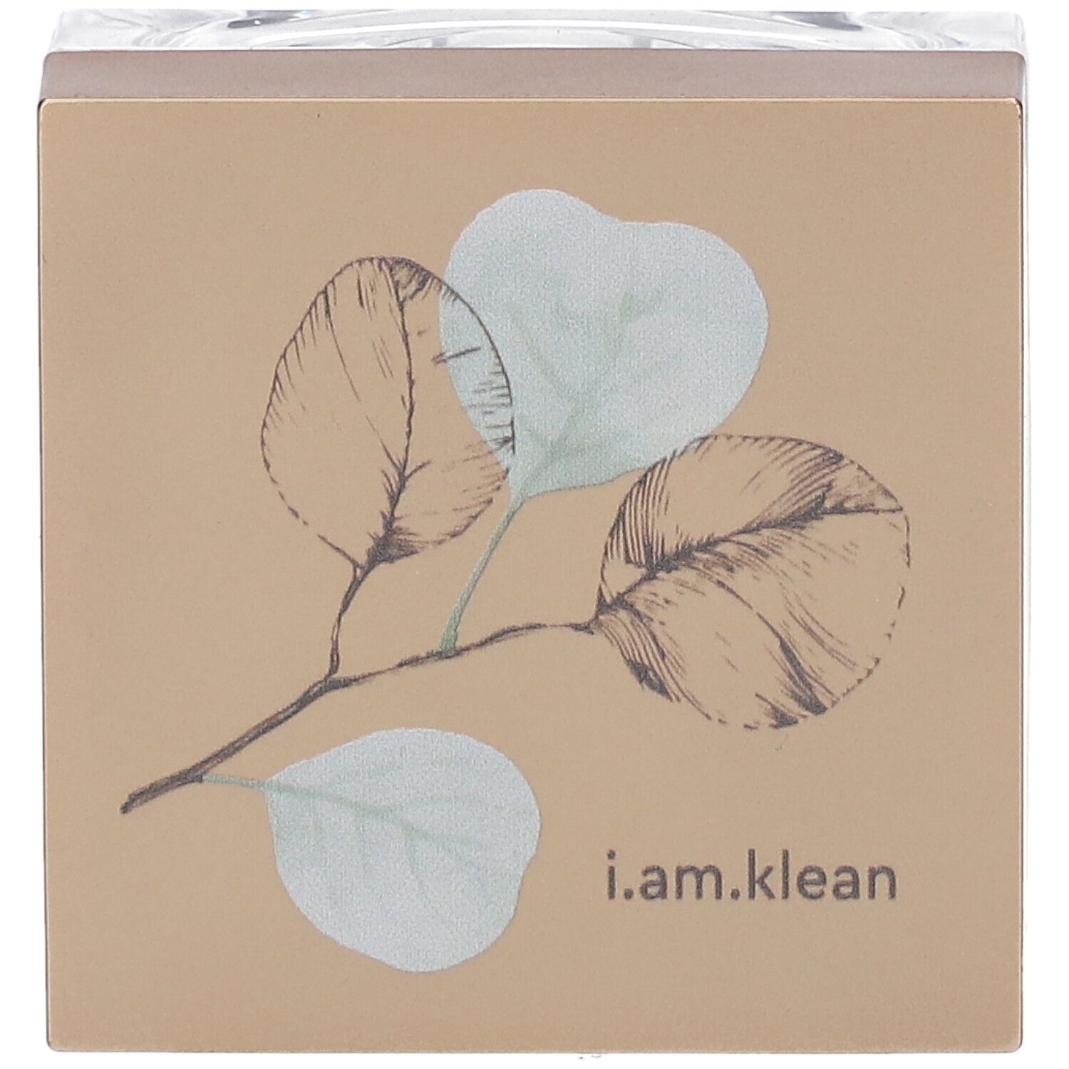 Vierkante cosmeticaverpakking met gouden deksel. Op deksel: bladerillustratie en i.am.klean.