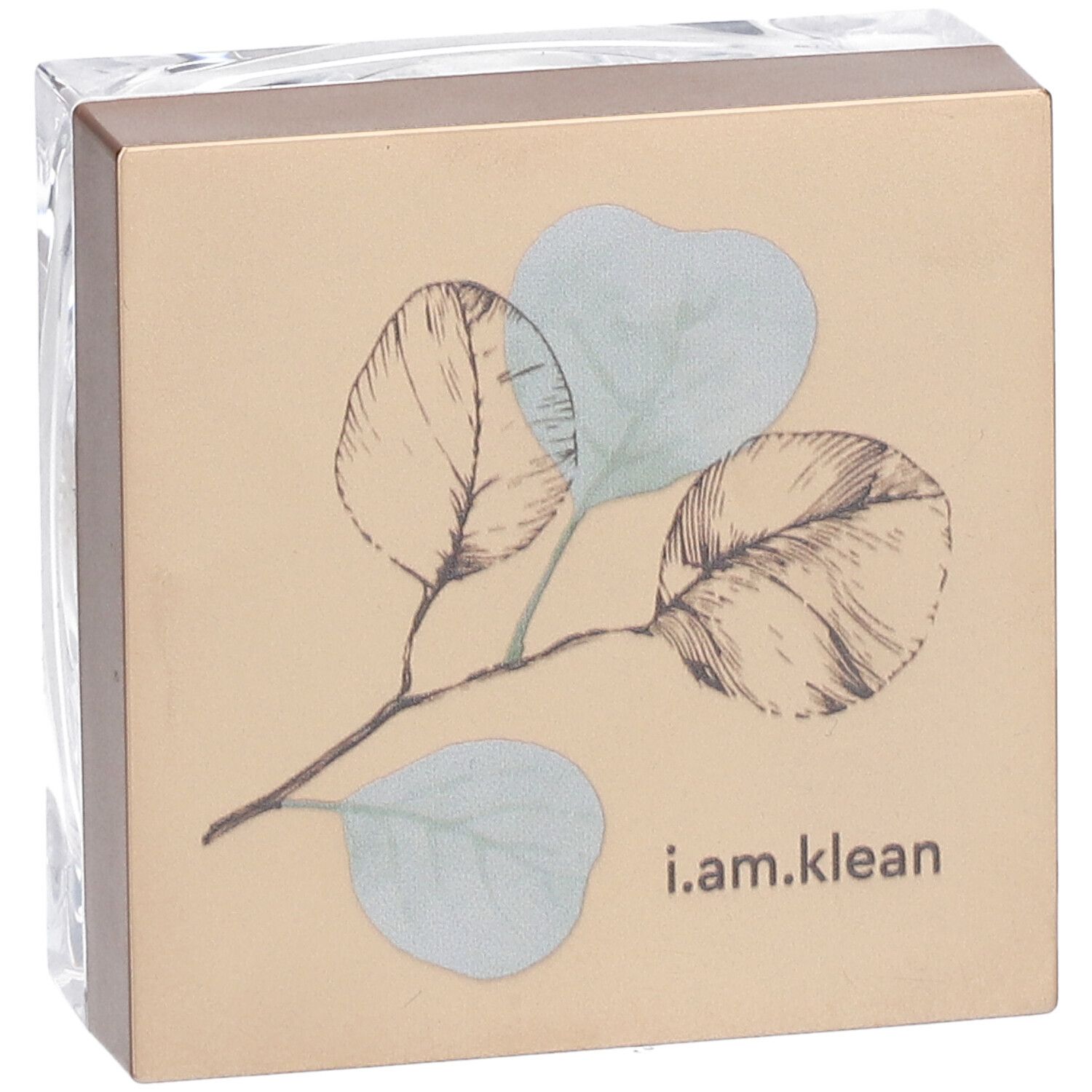 Vierkante cosmeticaverpakking, verpakt. Op deksel: bladerillustratie en i.am.klean.