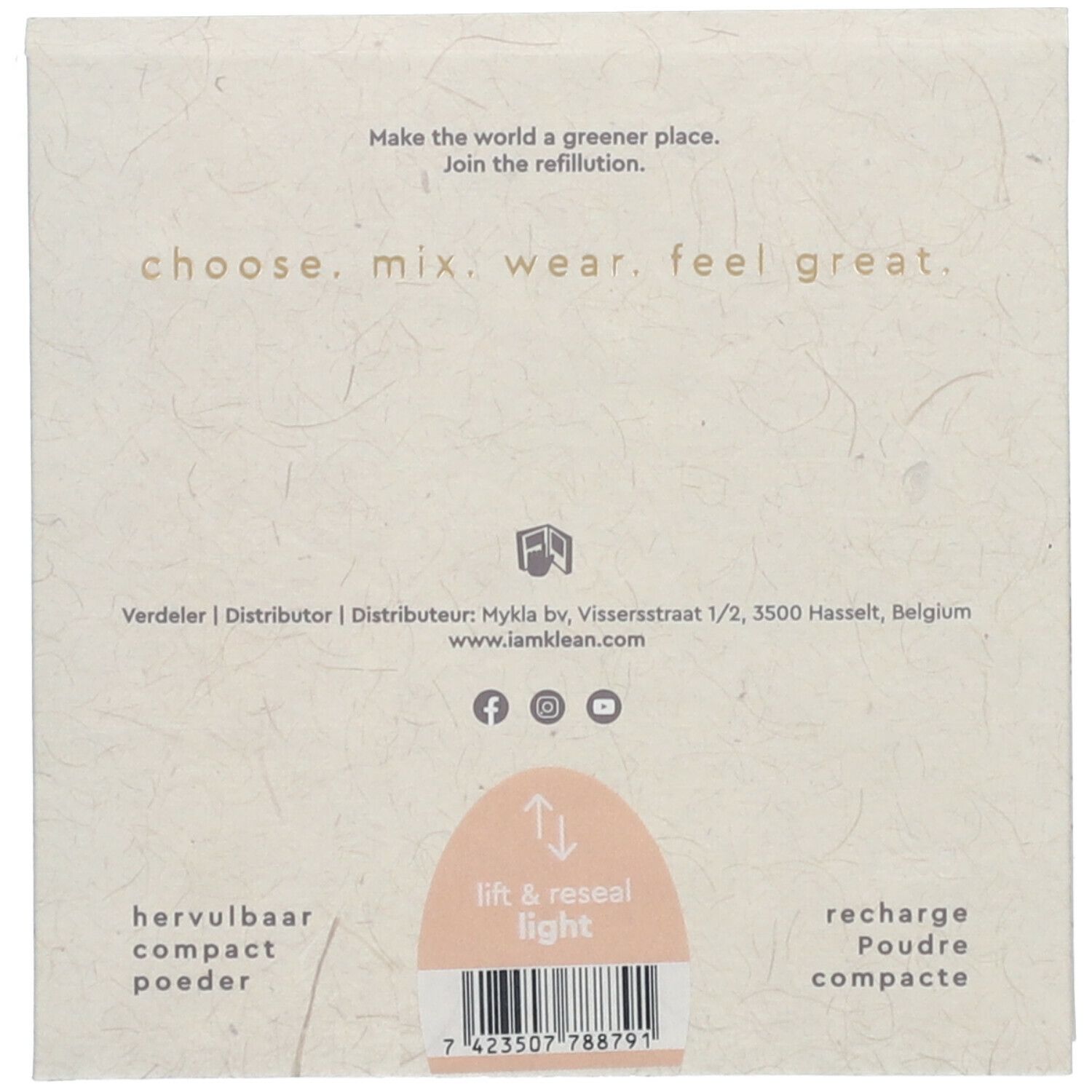Achterkant van de compact poeder verpakking. Tekst: "choose. mix. wear. feel great." en "lift & reseal light". Barcode onderaan.