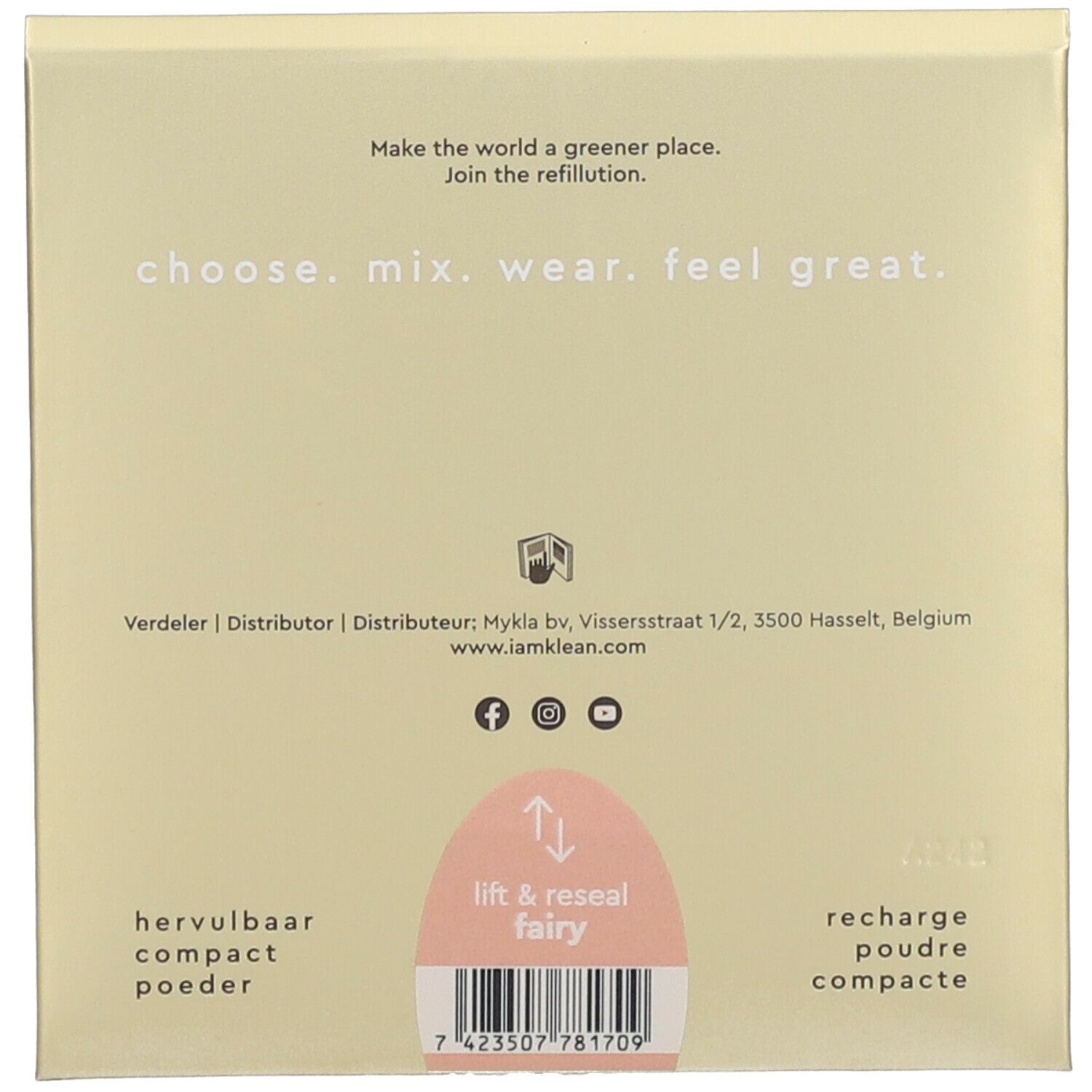 Rückseite der quadratischen Verpackung. Text: choose. mix. wear. feel great. Barcode und Text: hervulbaar compact poeder.