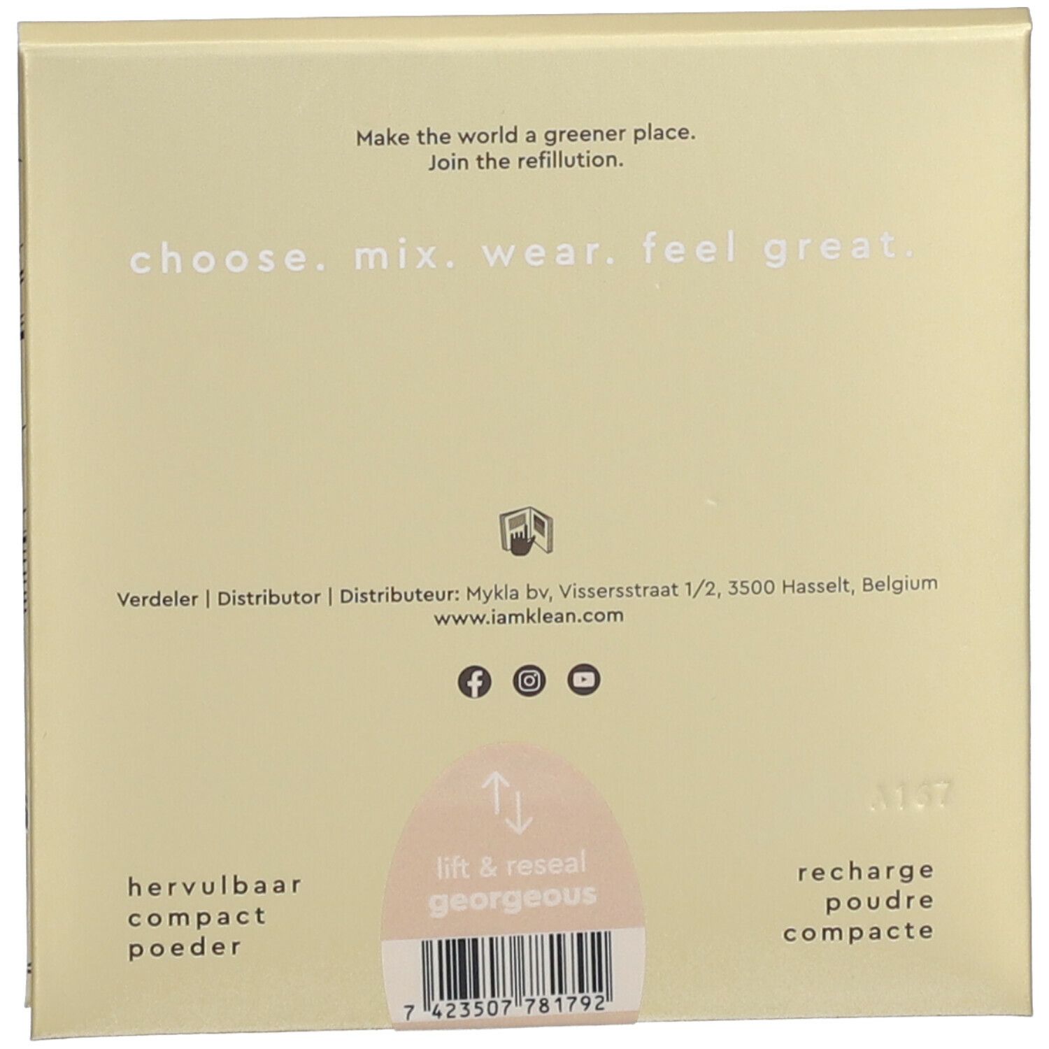 Achterkant van de vierkante verpakking. Tekst: choose. mix. wear. feel great. Tekst: hervulbaar compact poeder, recharge poudre compacte.