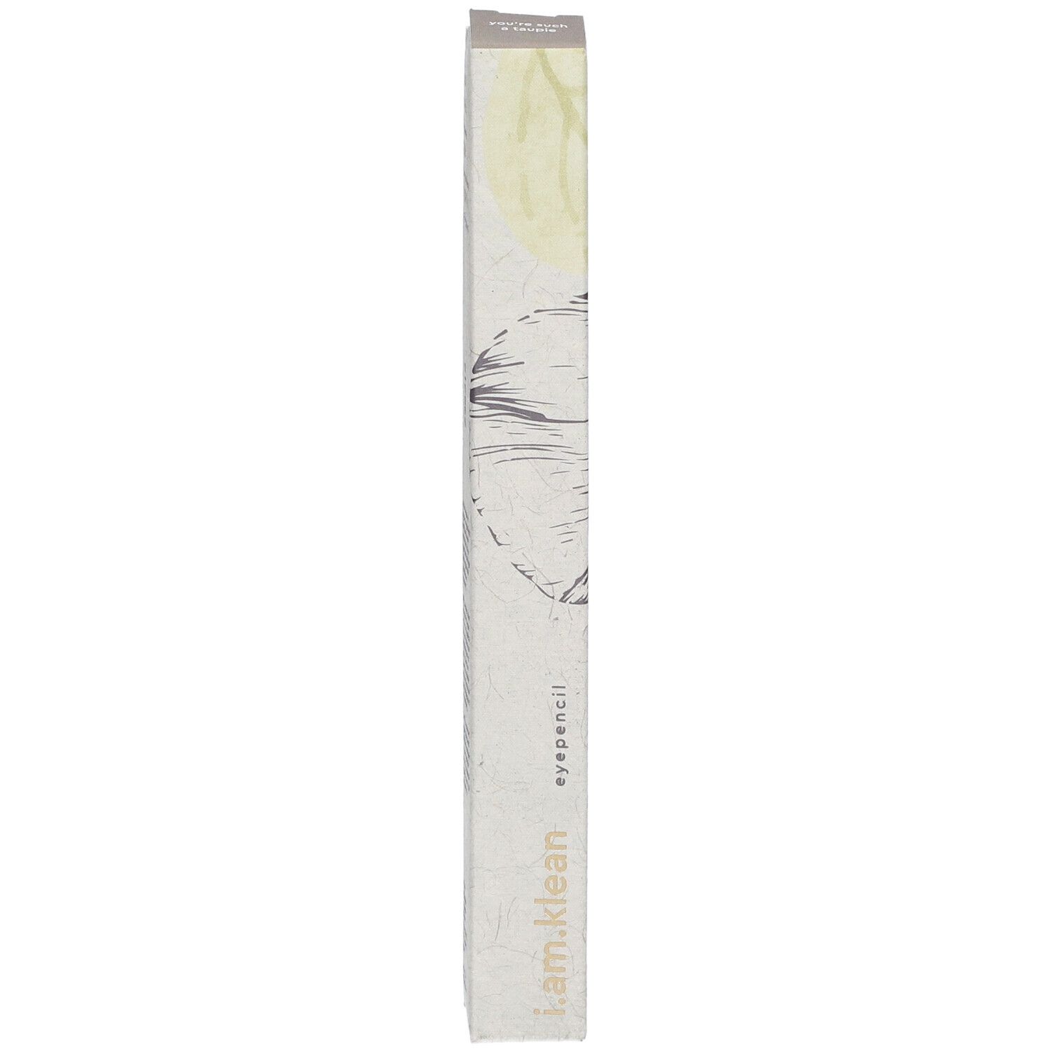 Schmale, längliche Verpackung. Aufdruck: i.am.klean, eyepencil. Illustration einer Blüte. Farbgebung: Beige, Grau.