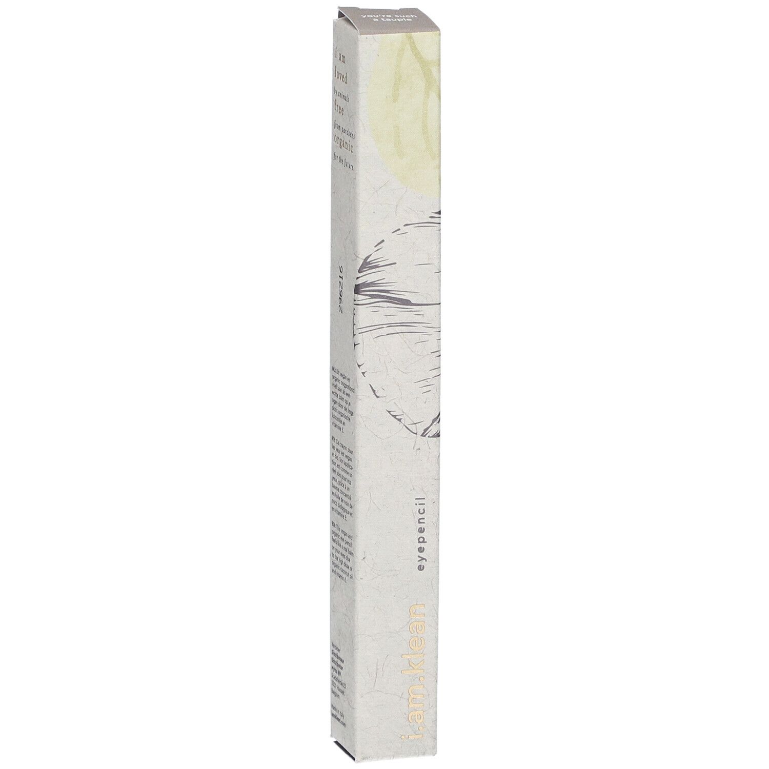 Schmale, längliche Verpackung. Aufdruck: i.am.klean, eyepencil. Illustration einer Blüte. Farbgebung: Beige, Grau.
