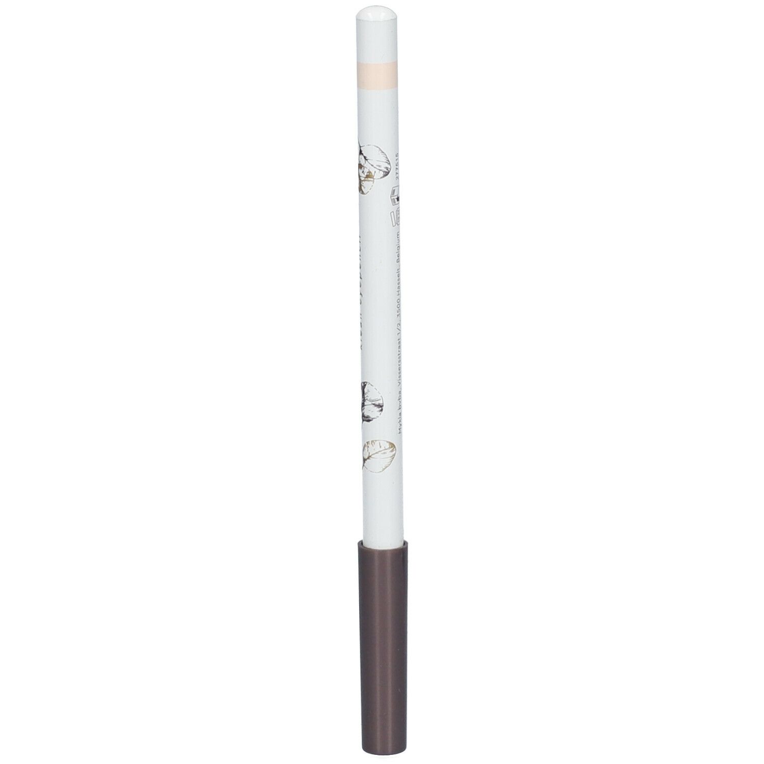 Kajalpotlood met witte schacht, bruin uiteinde en lichte stift. Met bloemmotief en opschrift i.am.klean.