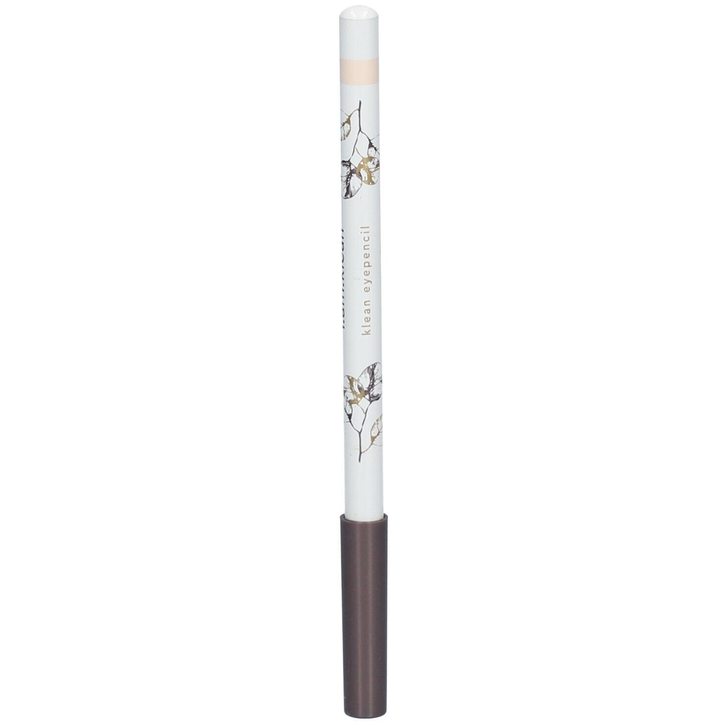 Kajalpotlood met witte schacht, bruin uiteinde en lichte stift. Met bloemmotief en opschrift i.am.klean eyepencil.