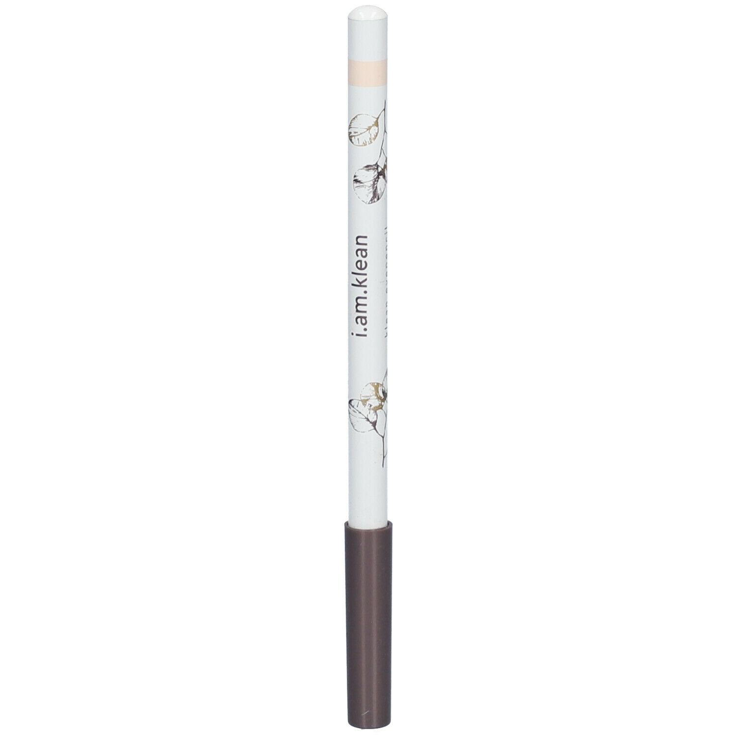 Kajalpotlood met witte schacht, bruin uiteinde en lichte stift. Met bloemmotief en opschrift i.am.klean.
