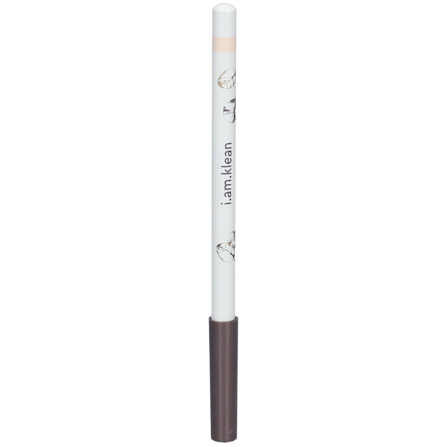 Kajalpotlood met witte schacht, bruin uiteinde en lichte stift. Met bloemmotief en opschrift i.am.klean.