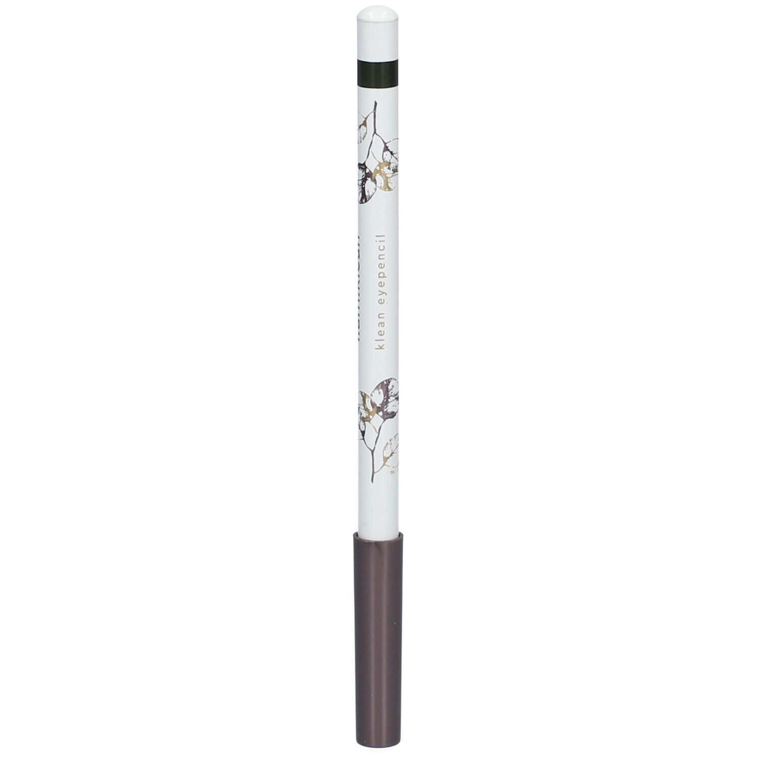 Kaj potlood met witte schacht, bruin uiteinde en zwarte punt. Opschrift: i.am.klean eyepencil. Versierd met bloemmotieven.