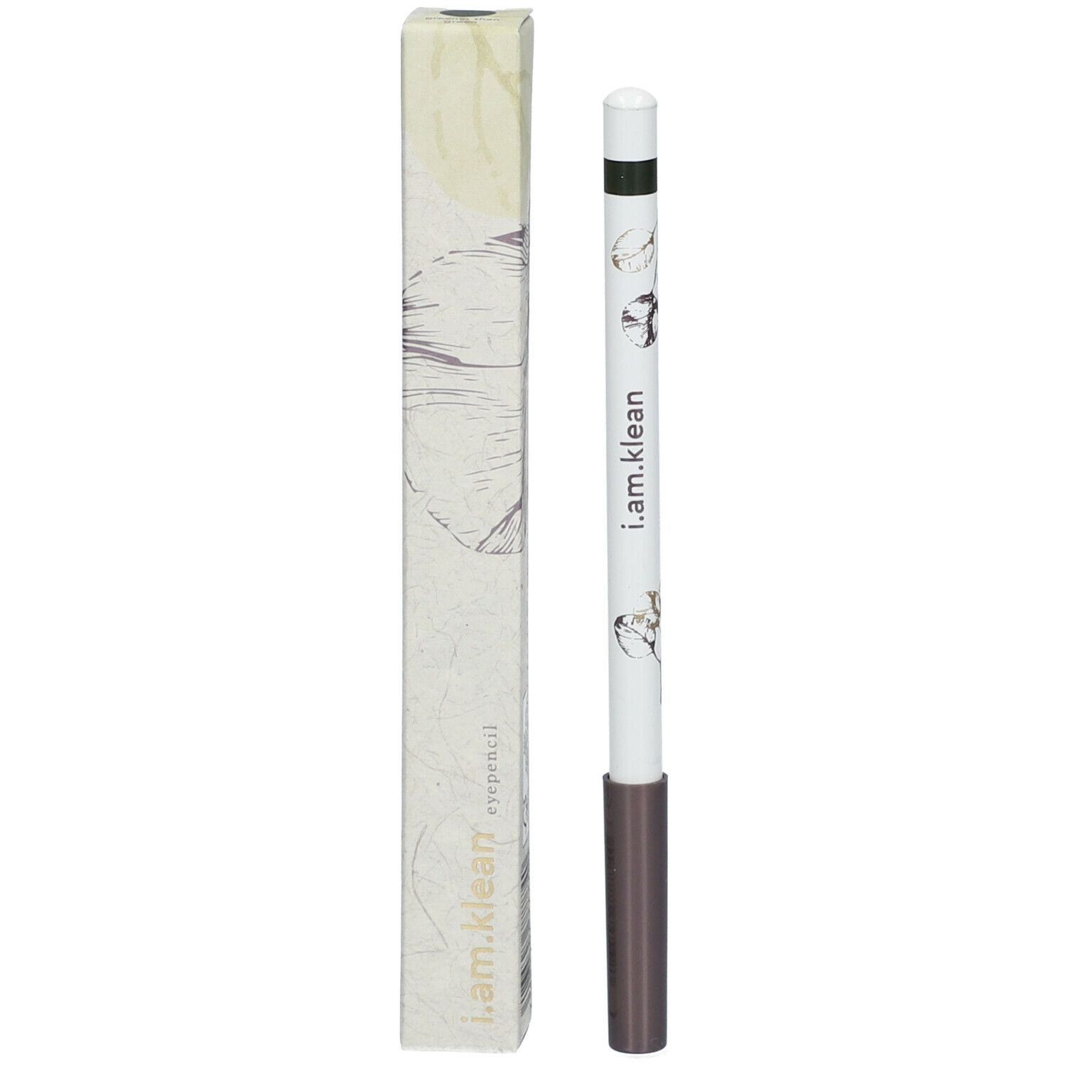 Kaj potlood en verpakking. Kaj potlood met witte schacht, bruin uiteinde en zwarte punt. Opschrift: i.am.klean eyepencil. Verpakking met bloemmotief.