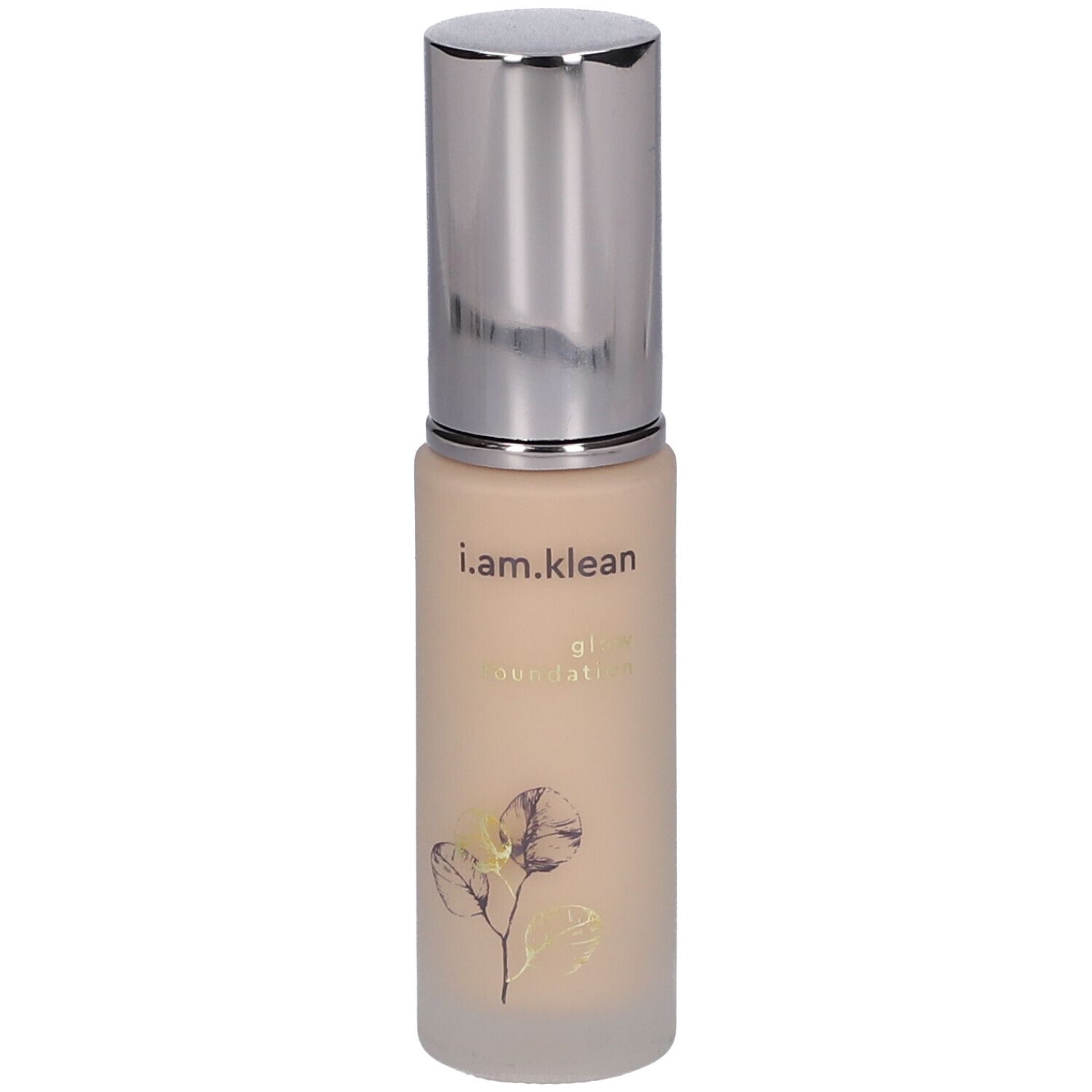 Beige fles met zilveren dop. Opschrift: i.am.klean, glow foundation. Bloemenmotief.