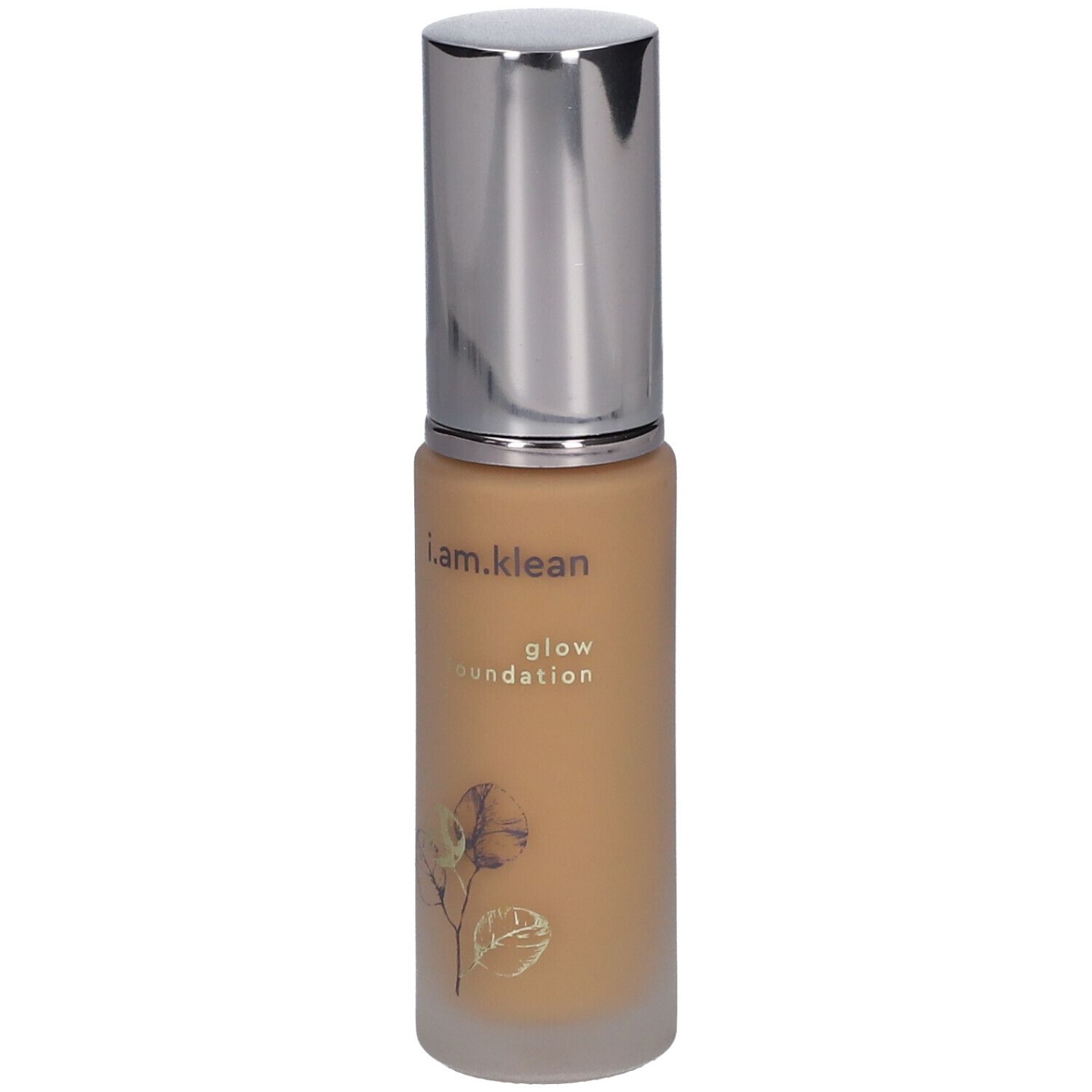 Flüssige Foundation in einer Glasflasche mit silbernem Deckel. Aufschrift: i.am.klean glow foundation.