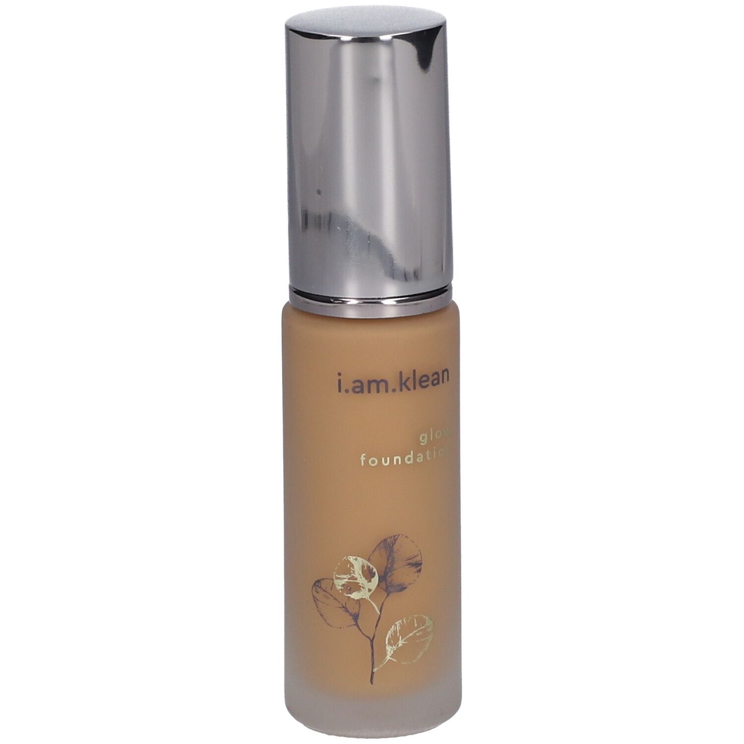 Flüssige Foundation in einer Glasflasche mit silbernem Deckel. Aufschrift: i.am.klean glow foundation.
