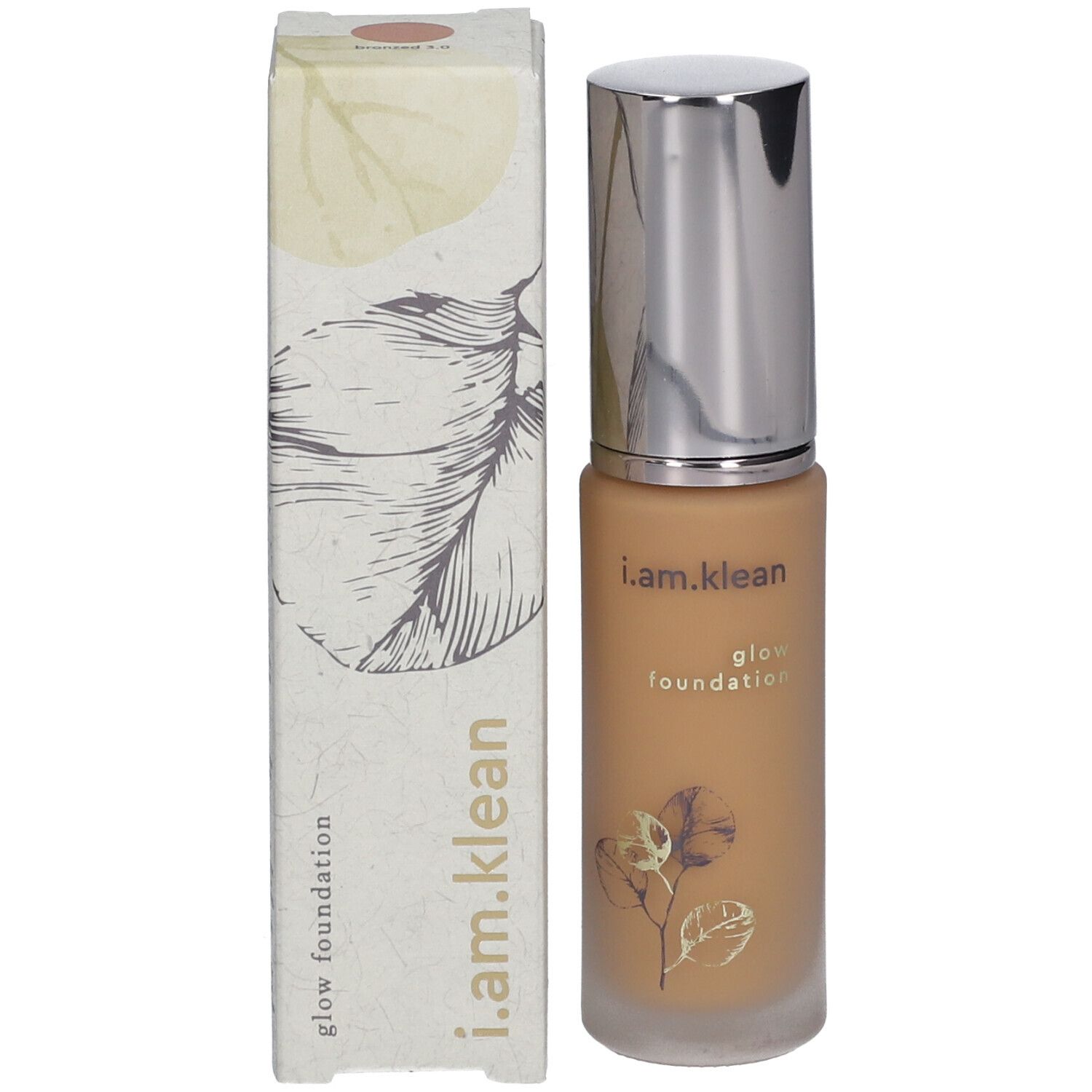 Foundation-Flüssigkeit mit Verpackung. Aufschrift: i.am.klean glow foundation.
