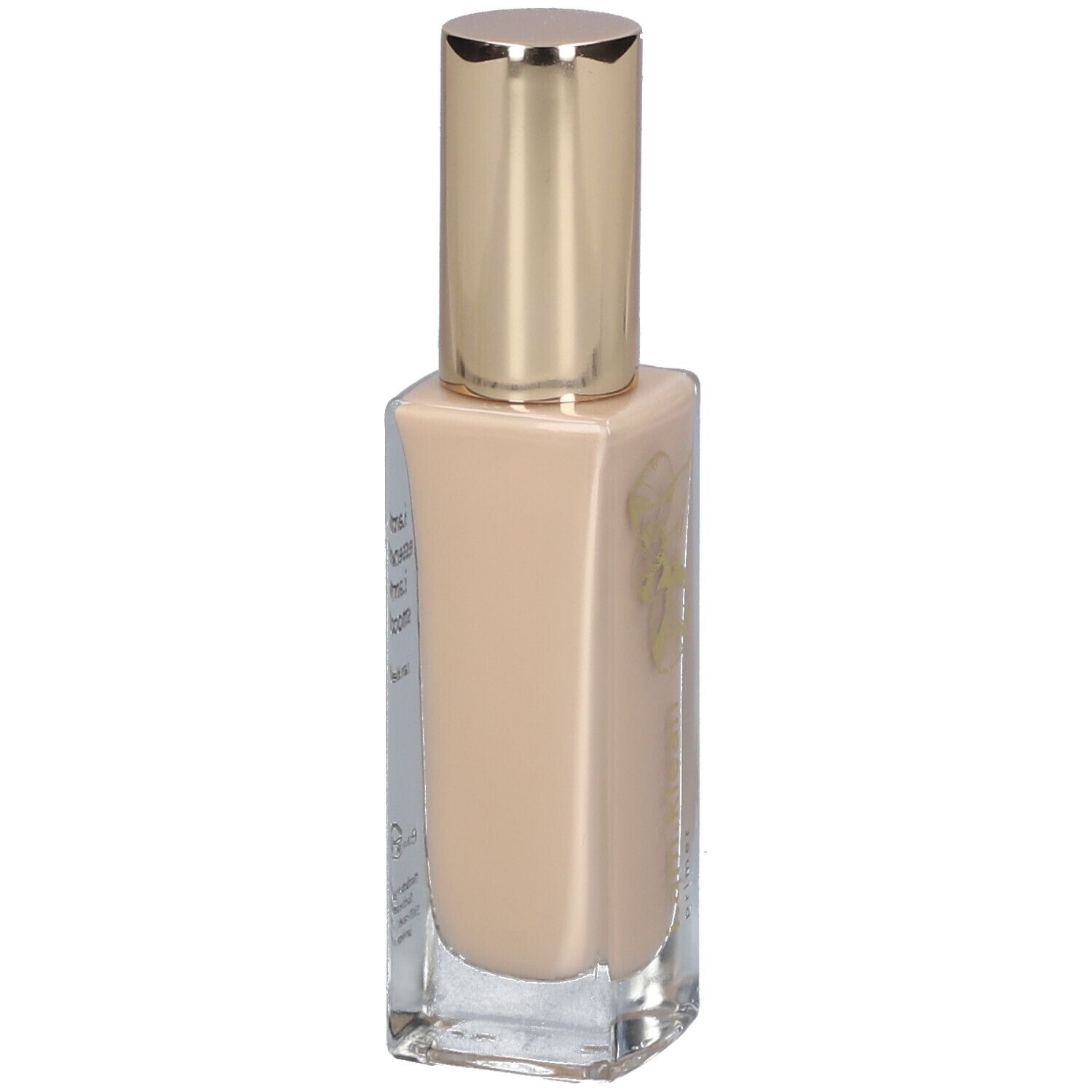 Rechthoekige glazen fles met beige vloeistof en gouden dop. Opschrift: i.am.klean.