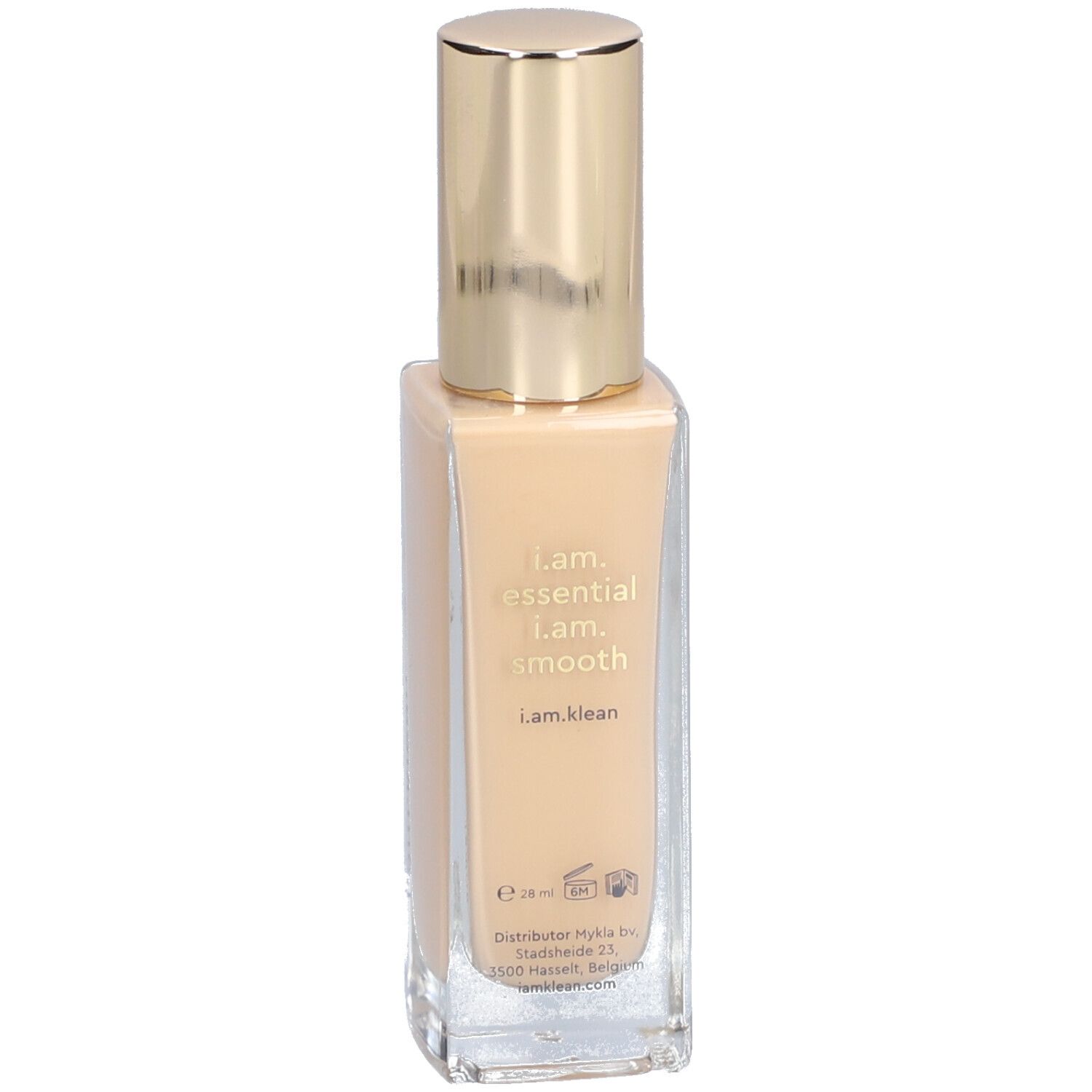Rechthoekige glazen fles met beige vloeistof en gouden dop. Opschrift: i.am.klean.