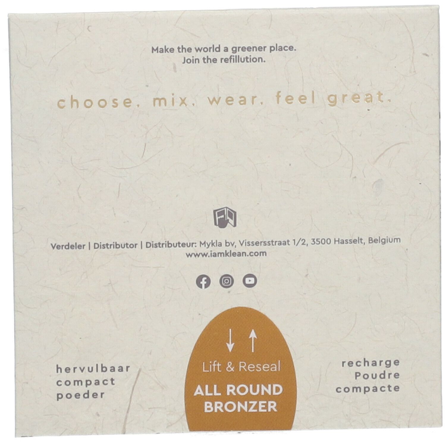 Achterkant van de vierkante verpakking. Tekst: choose. mix. wear. feel great. ALL ROUND BRONZER. Hervulbaar compact poeder, recharge poudre compacte.