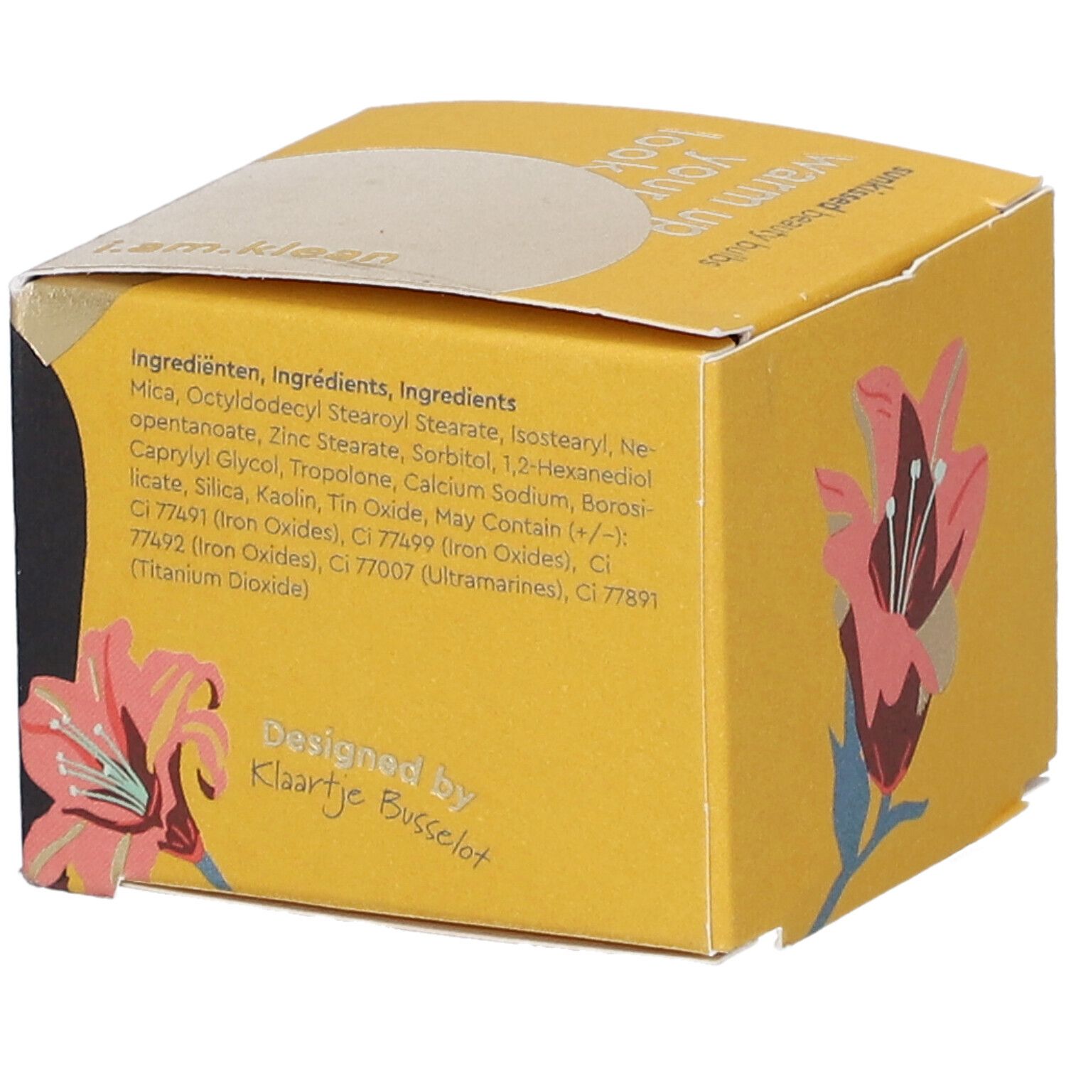 Gelbe Produktverpackung mit Inhaltsstoffangaben und Design-Informationen.