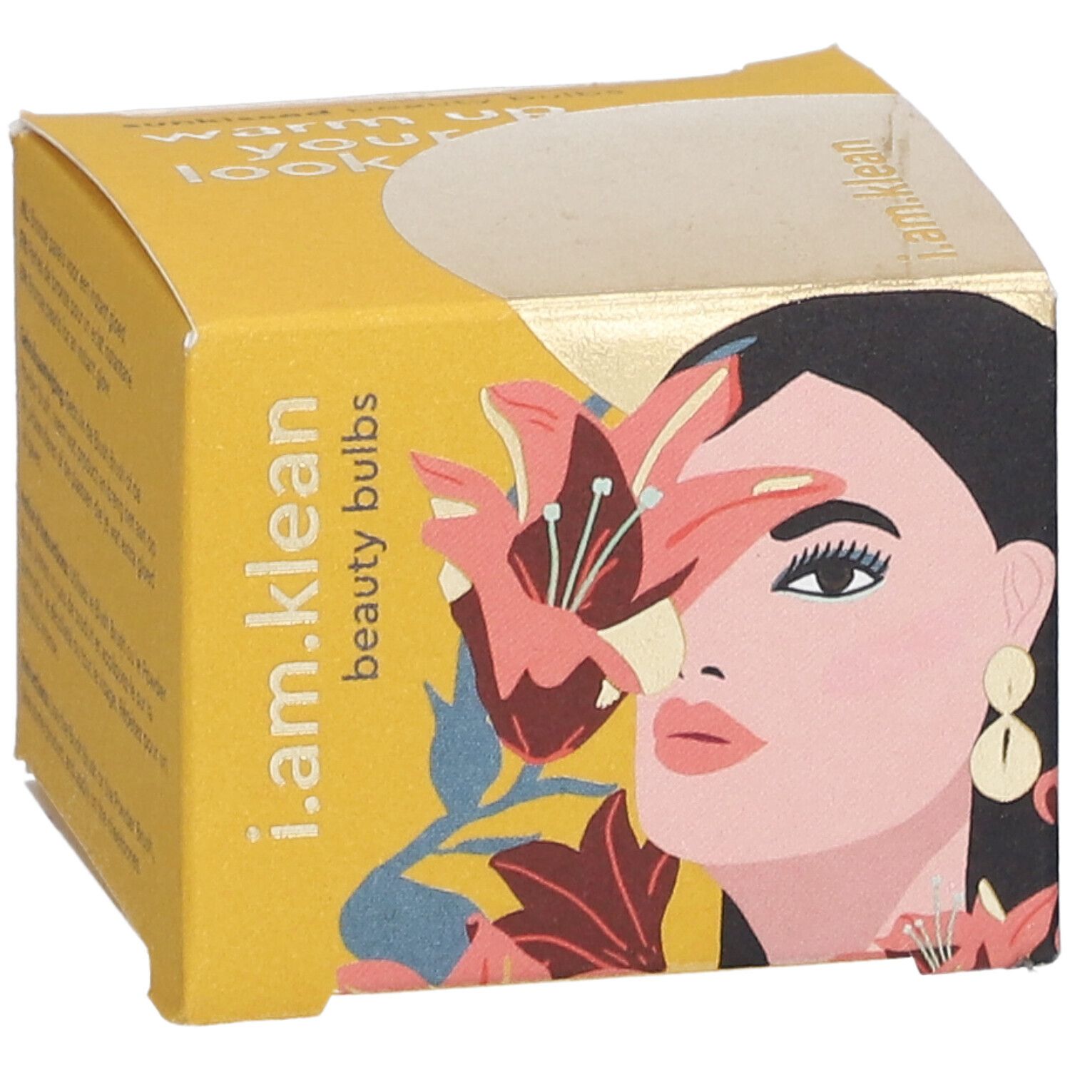 Gelbe Produktverpackung mit Illustration einer Frau und Lilien. Aufschrift: i.am.klean beauty bulbs.