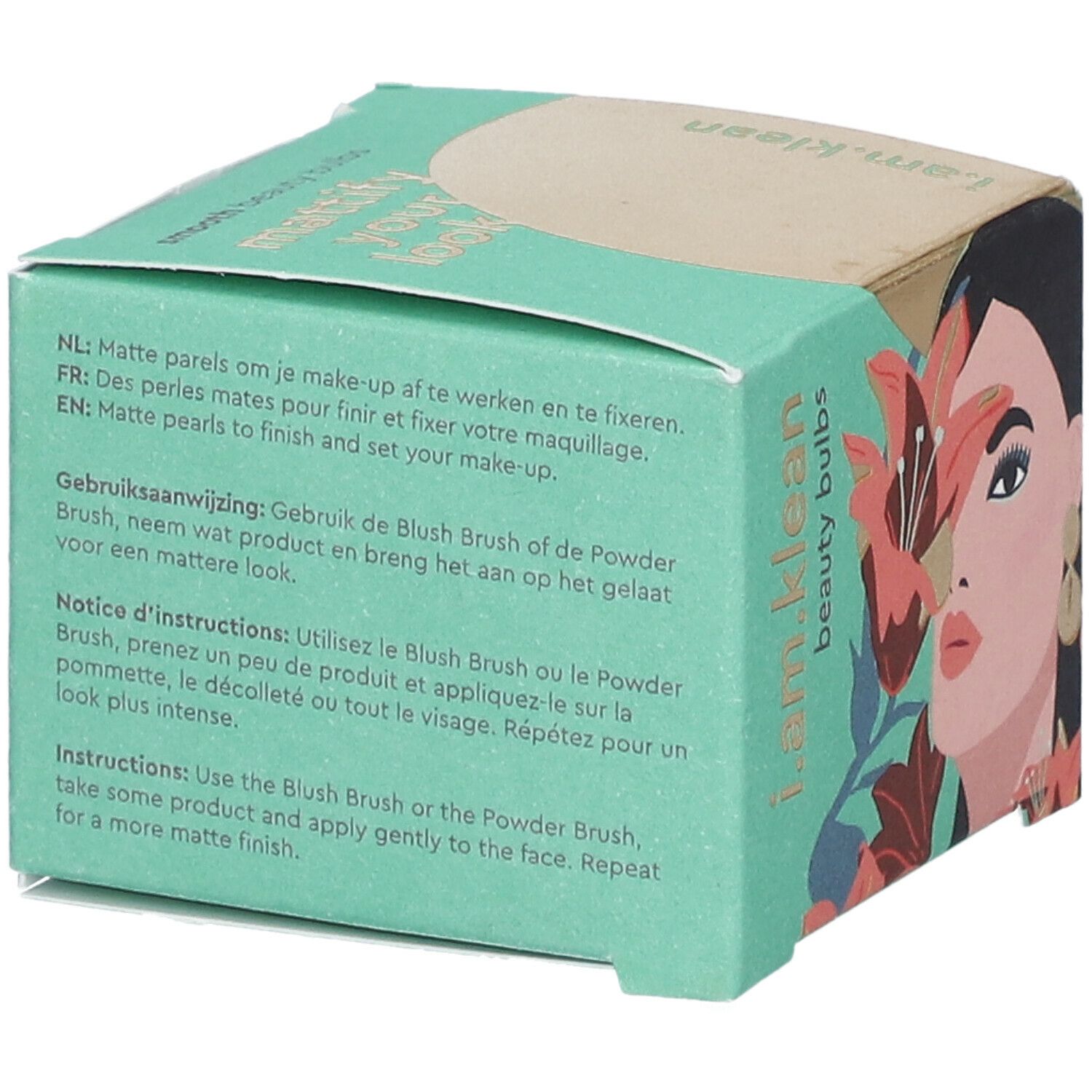 Türkisgrüne Kartonverpackung mit Text in mehreren Sprachen. Text: i.am.klean beauty bulbs. Gebrauchsanweisung.