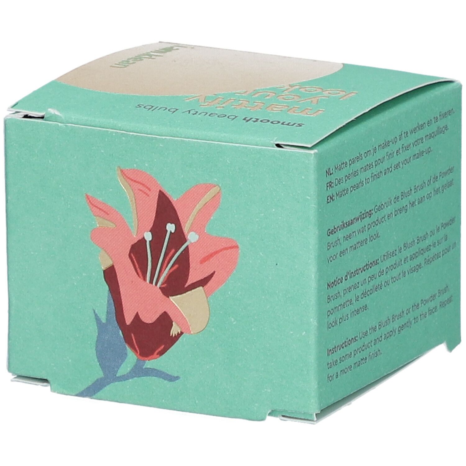 Türkisgrüne Kartonverpackung mit Blumenillustration. Text: i.am.klean beauty bulbs. Text in mehreren Sprachen.