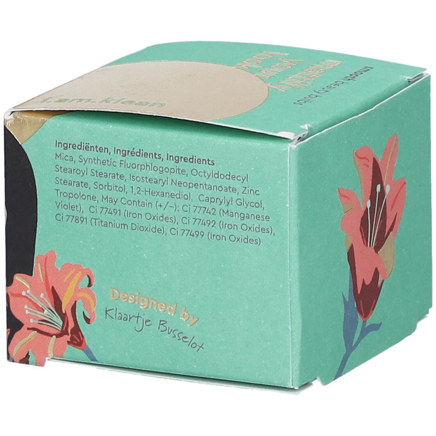 Türkisgrüne Kartonverpackung mit Inhaltsstoffangaben. Text: i.am.klean beauty bulbs. Designed by Klaartje Busselot.