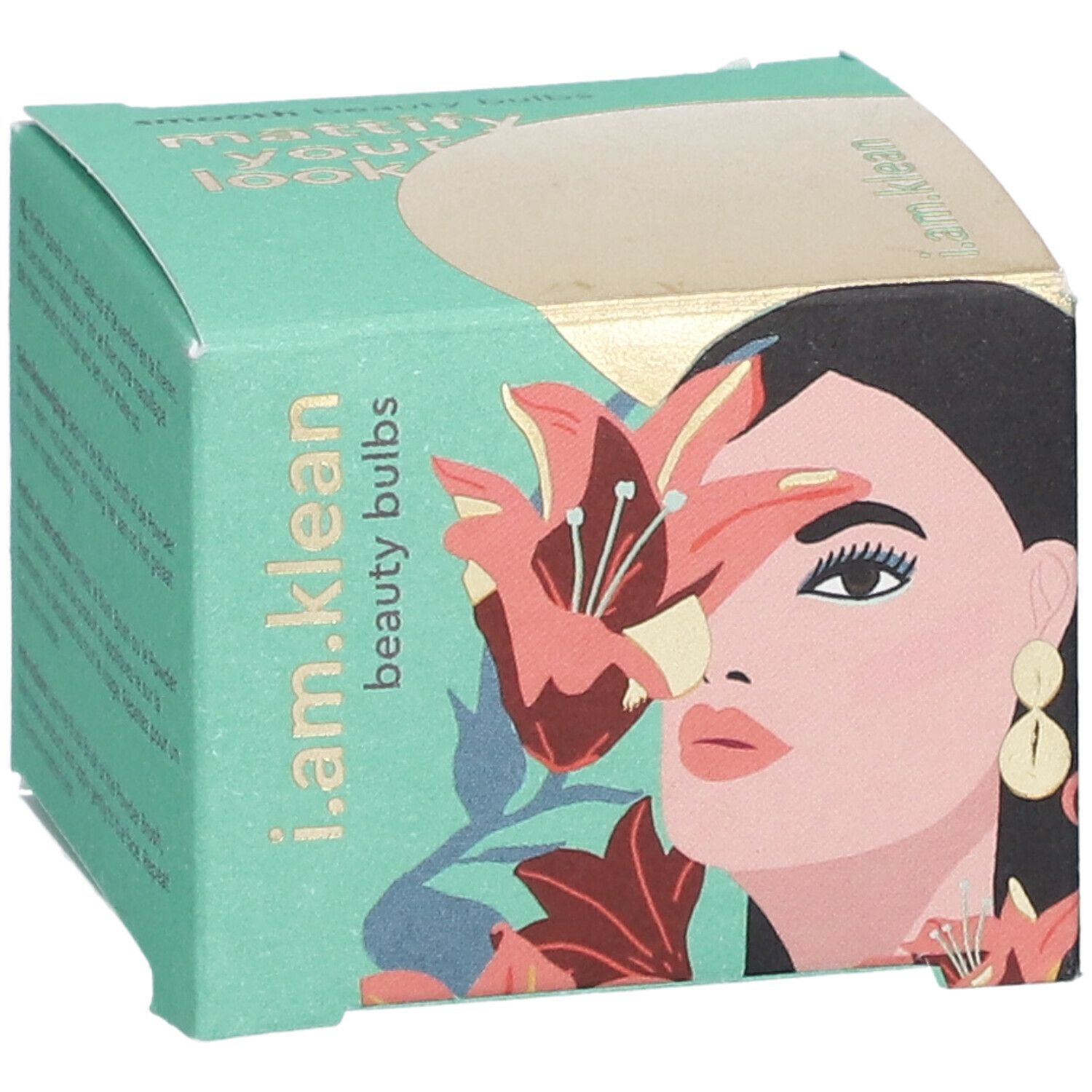 Türkisgrüne Kartonverpackung mit Illustration einer Frau und Blumen. Text: i.am.klean beauty bulbs.