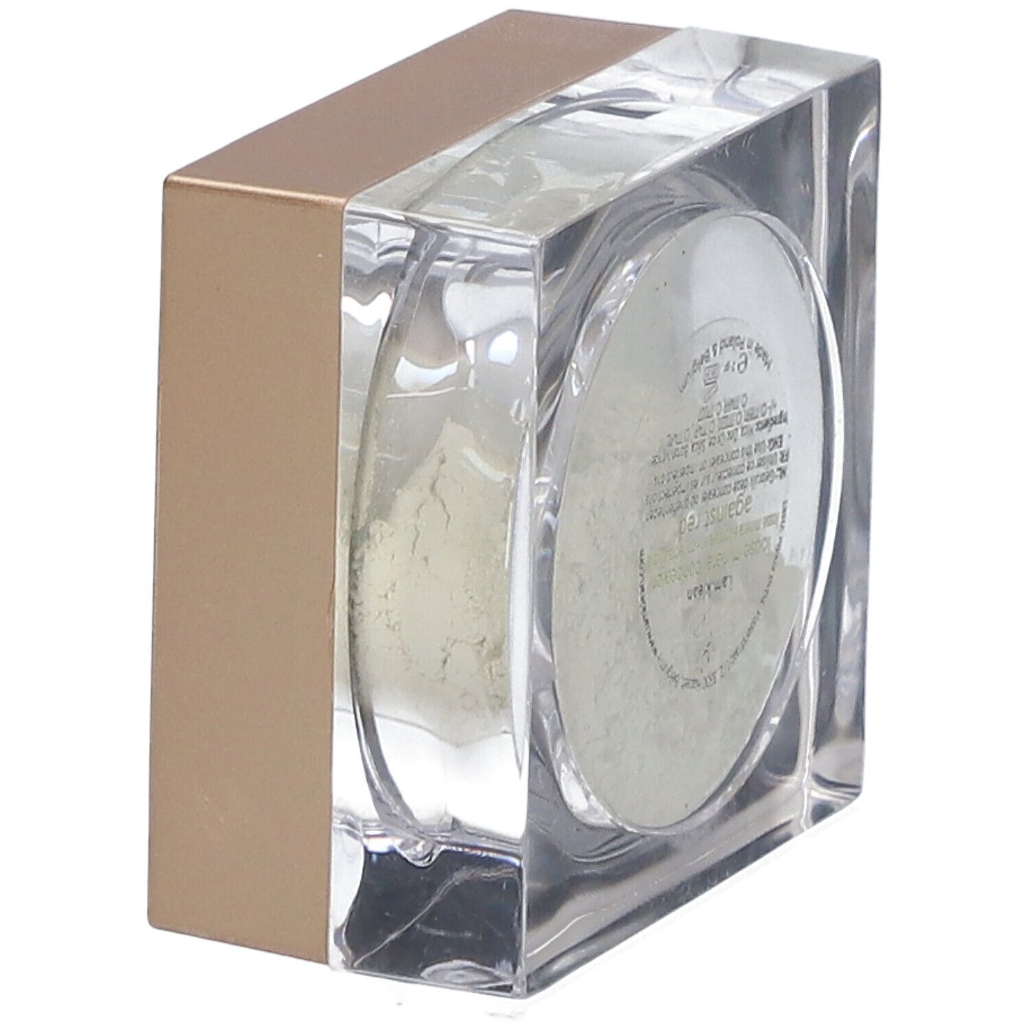 Boîte cosmétique carrée avec couvercle. Contenu : poudre claire. Informations produit au fond.