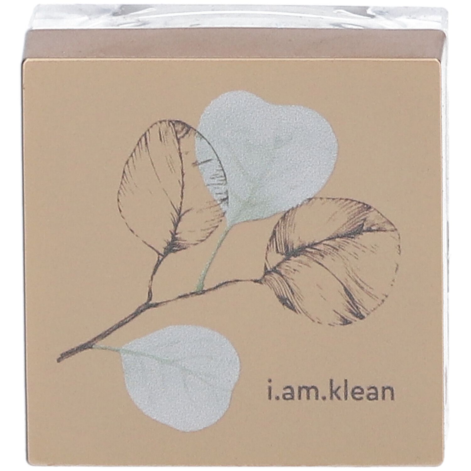 Emballage cosmétique carré avec couvercle. Dessin de feuilles et texte i.am.klean.