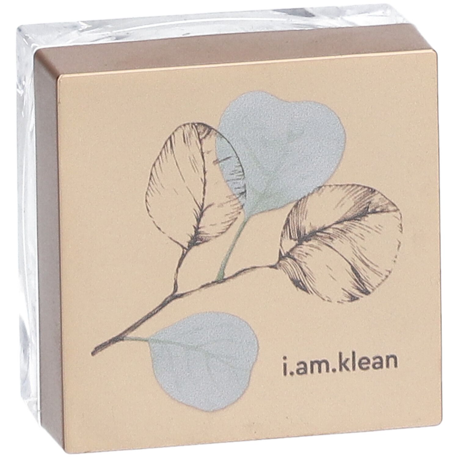 Emballage cosmétique carré avec couvercle. Dessin de feuilles et texte i.am.klean.
