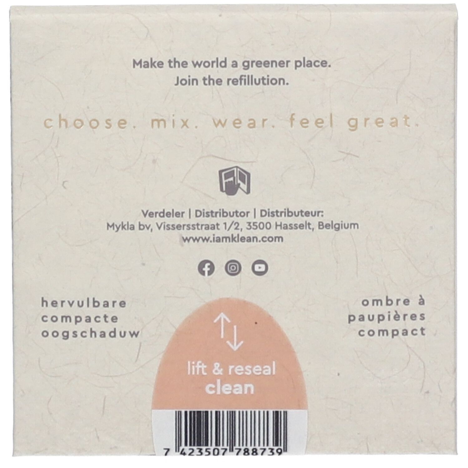 Rückseite der Lidschattenverpackung. Text: 'choose. mix. wear. feel great.' und 'lift & reseal clean'.