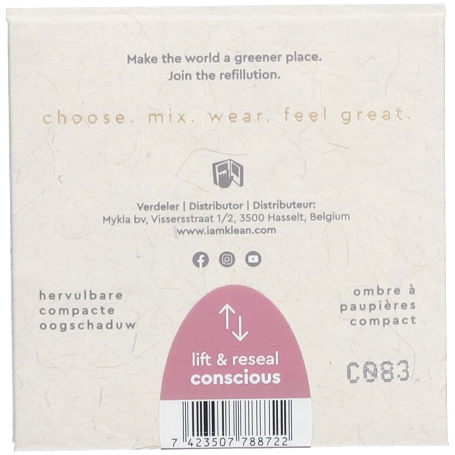Verpackungsrückseite mit Text: 'hervulbare compacte oogschaduw', 'ombre à paupières compact', 'lift & reseal conscious', und Herstellerinformationen.