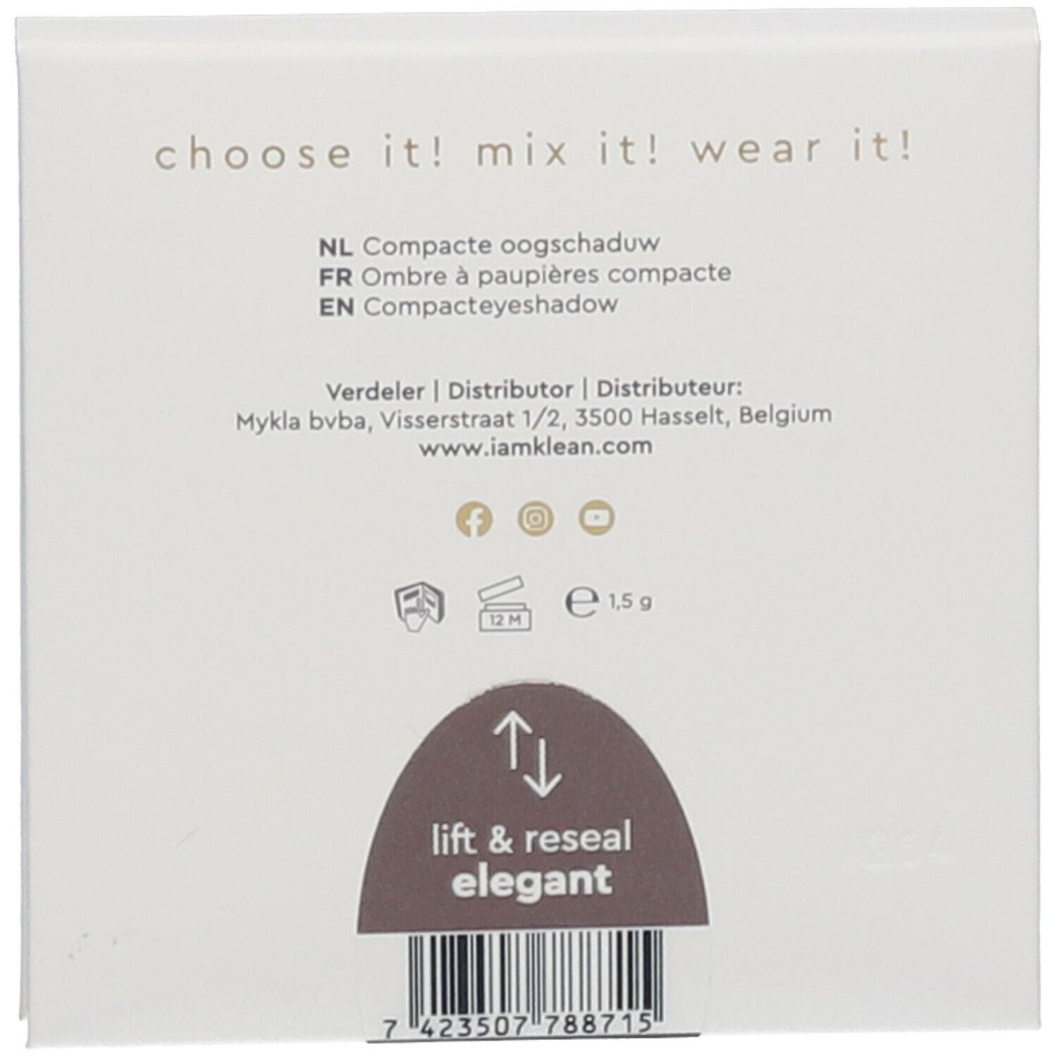 Achterkant van de verpakking. Tekst: "choose it! mix it! wear it!". Fabrikantinfo en gewicht. Barcode en sticker "lift & reseal elegant".