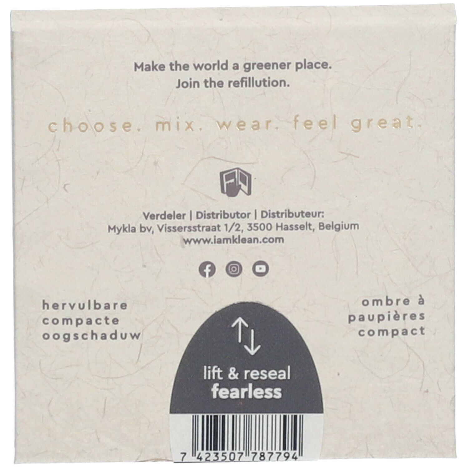 Achterkant van de oogschaduwverpakking. Tekst: 'choose. mix. wear. feel great.' Met barcode en tekst 'lift & reseal fearless'.