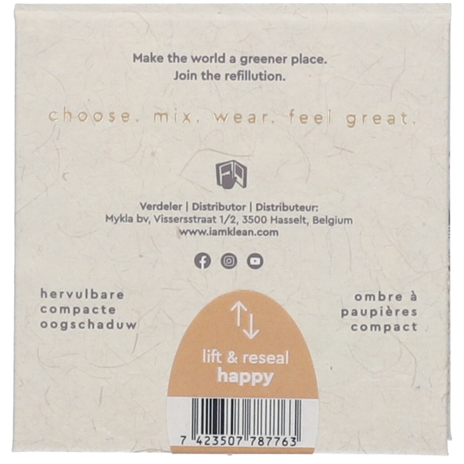 Rückseite der Lidschattenverpackung. Text: Choose. Mix. Wear. Feel great. Mit Barcode und Aufschrift: lift & reseal happy.