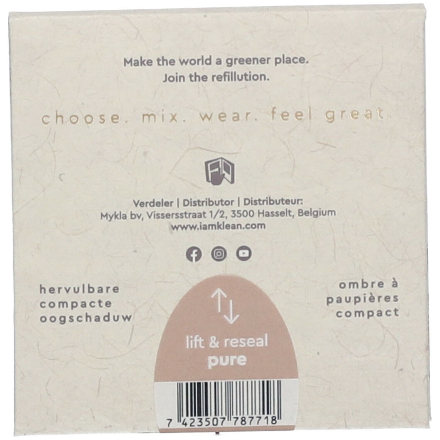 Achterkant van de oogschaduwverpakking. Tekst: 'choose. mix. wear. feel great'. Barcode en tekst: 'lift & reseal pure'.