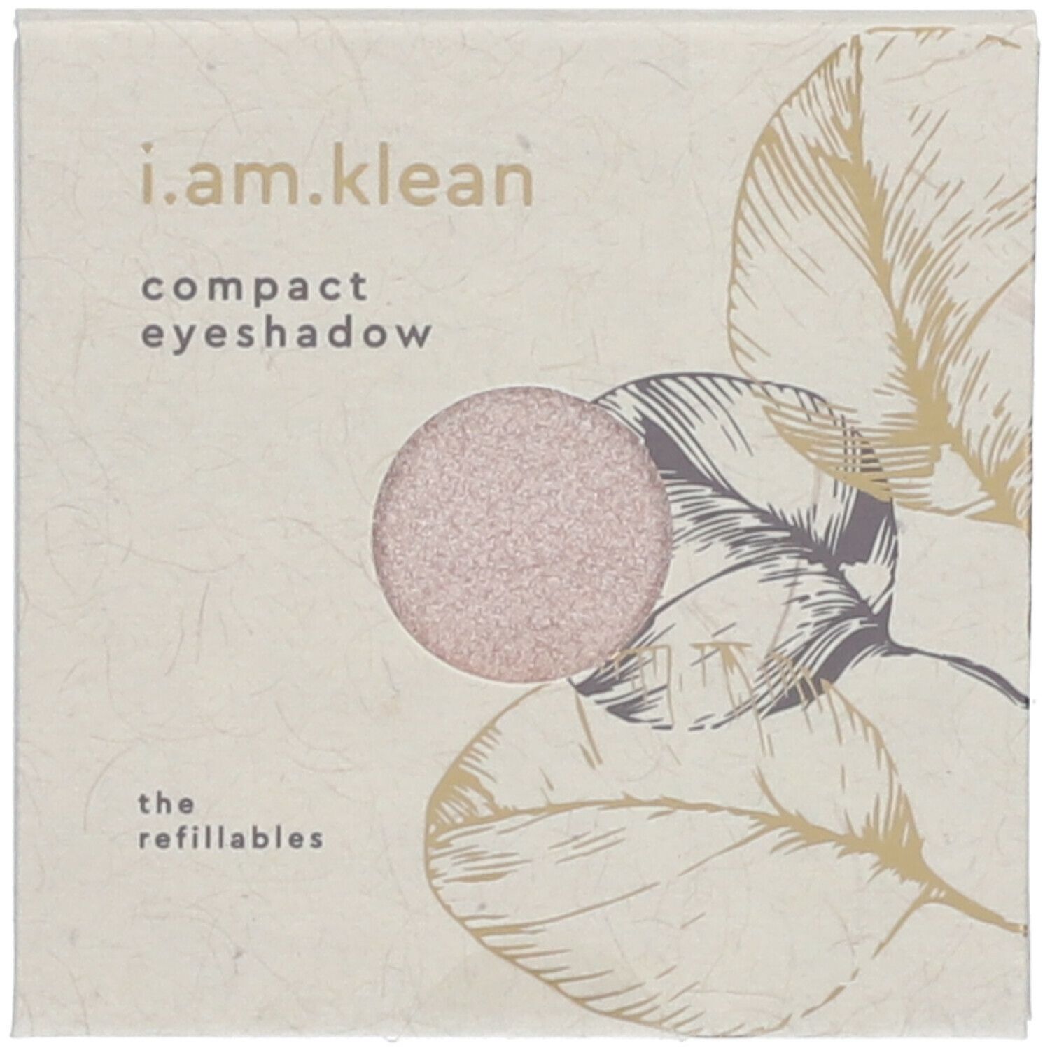 Fard à paupières rose scintillant rond dans un emballage carré avec motif floral. Texte: i.am.klean, compact eyeshadow, the refillables.
