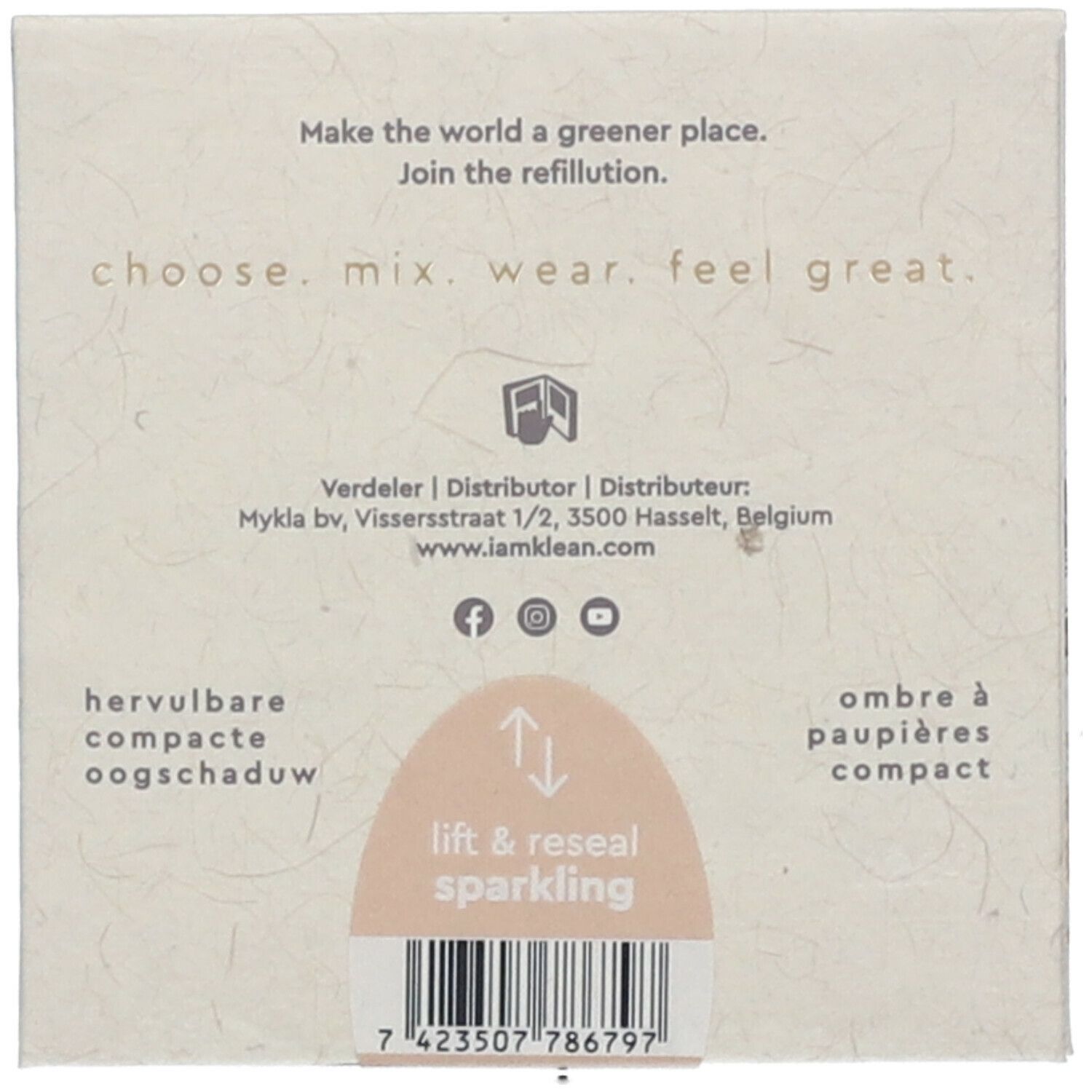 Dos de l'emballage de fard à paupières. Texte: choose. mix. wear. feel great. Hervulbare compacte oogschaduw. Lift & reseal sparkling.