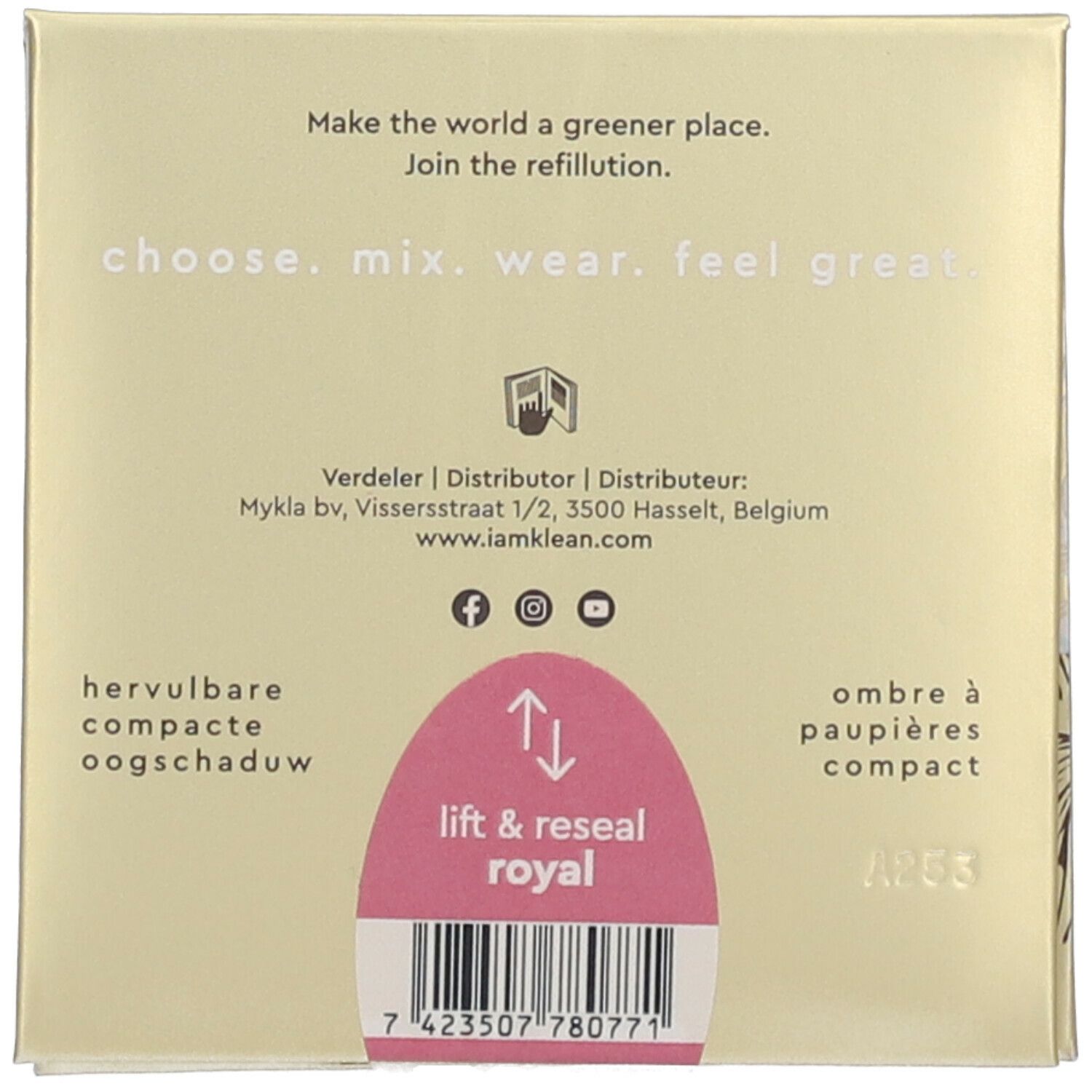 Rückseite der Lidschattenverpackung. Text: 'choose. mix. wear. feel great'. Mit Aufkleber 'lift & reseal royal'.