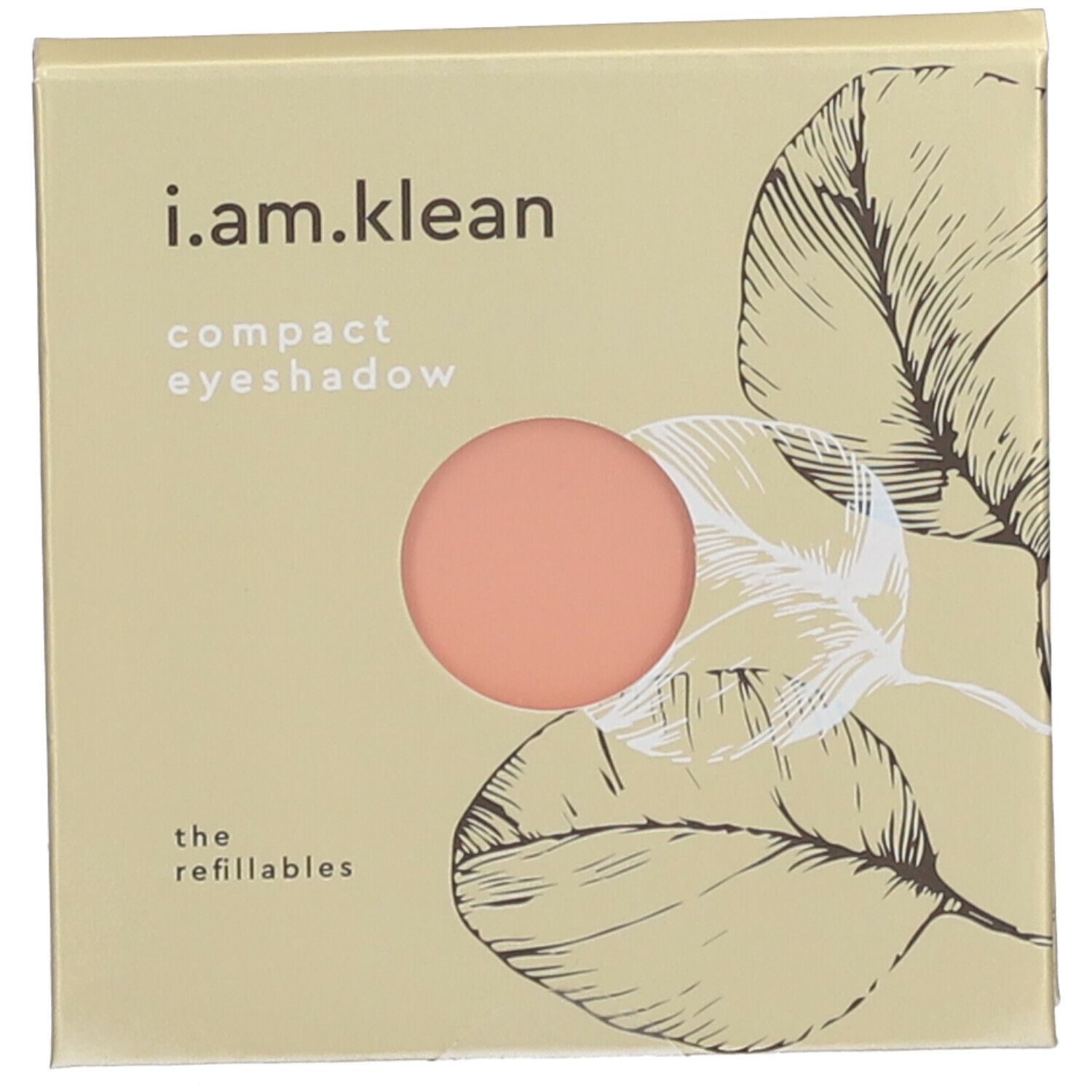 Vierkante verpakking met perzikroze ronde oogschaduw. Opschrift: i.am.klean, compact eyeshadow, the refillables.