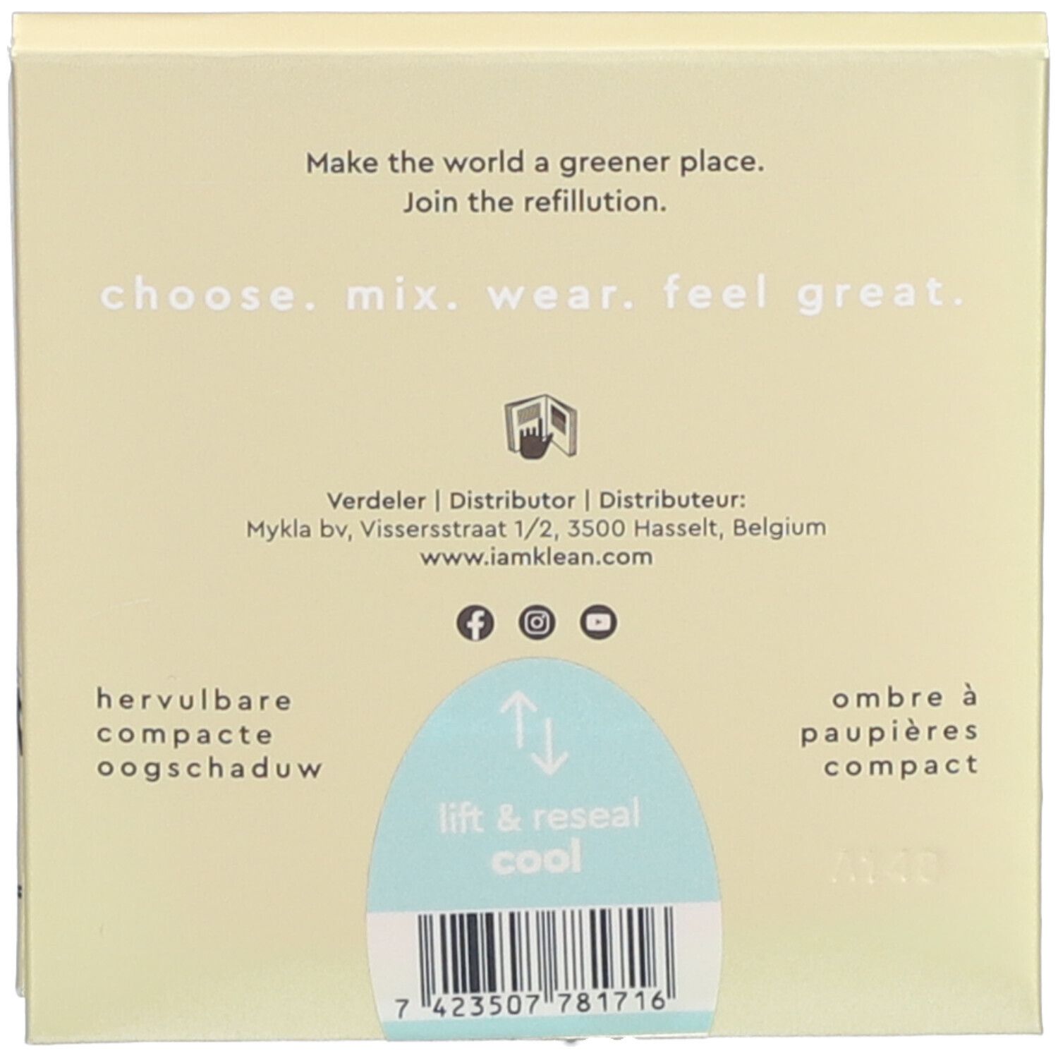 Rückseite der Lidschatten-Verpackung. Text: Make the world a greener place. choose. mix. wear. feel great. Mit Barcode und Text: lift & reseal cool.