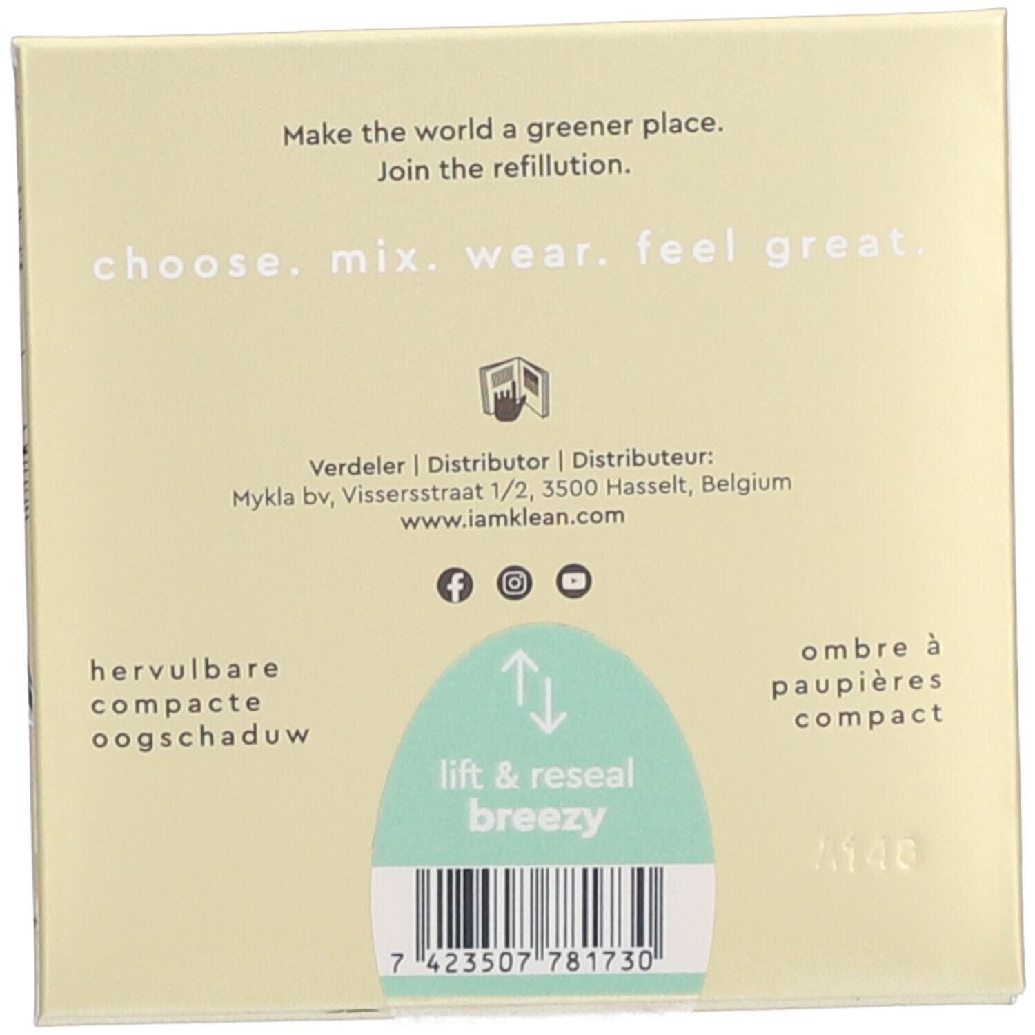 Achterkant van de verpakking. Tekst: choose. mix. wear. feel great. Sticker: lift & reseal breezy. Streepjescode en contactgegevens.