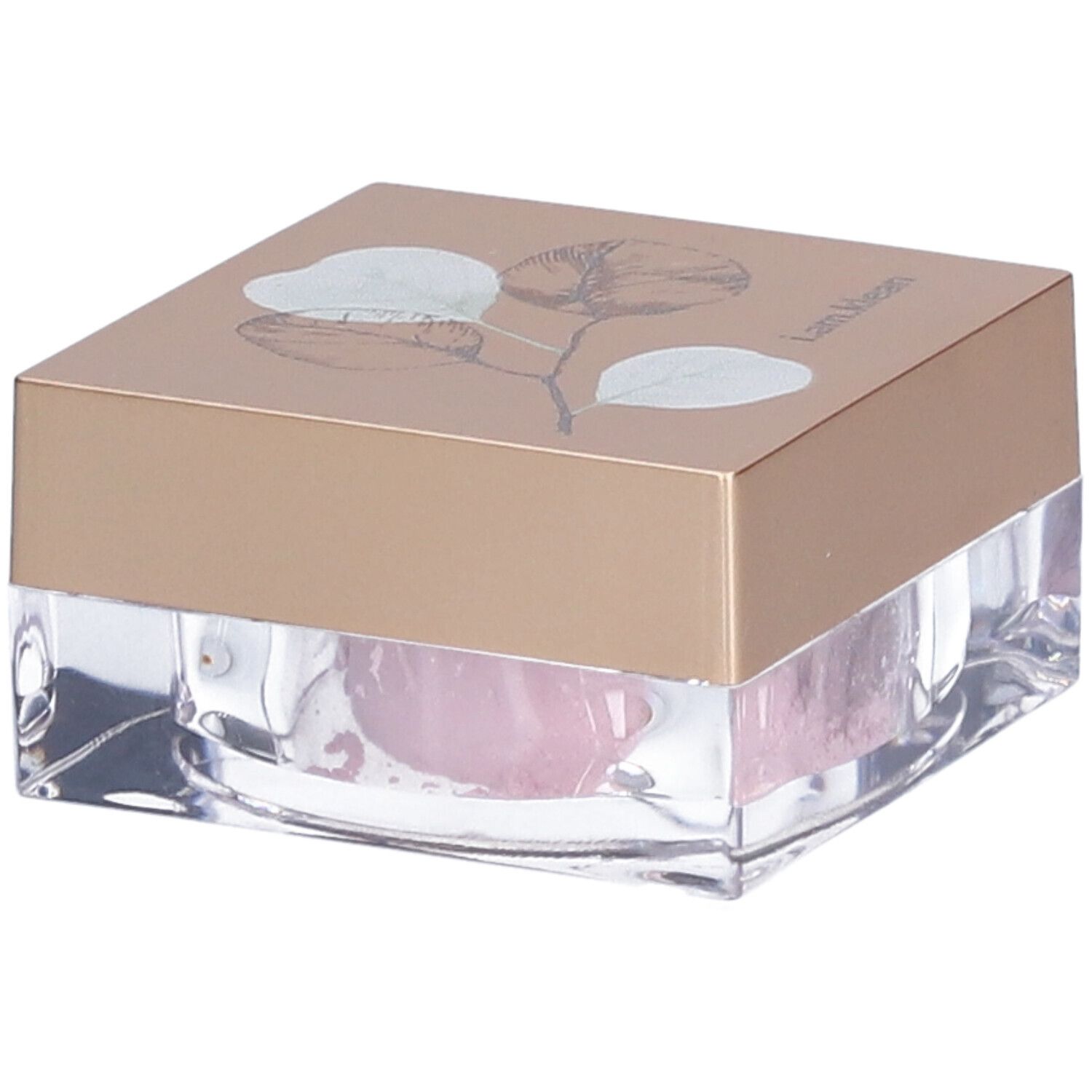 Quadratischer Tiegel mit goldfarbenem Deckel und Blattmotiv. Rosa Creme sichtbar.