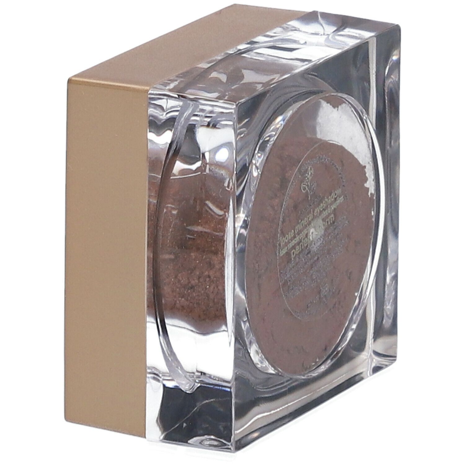 Vierkante doos met bruine oogschaduw. Op etiket: 'loose mineral eyeshadow perfect storm' en andere informatie.