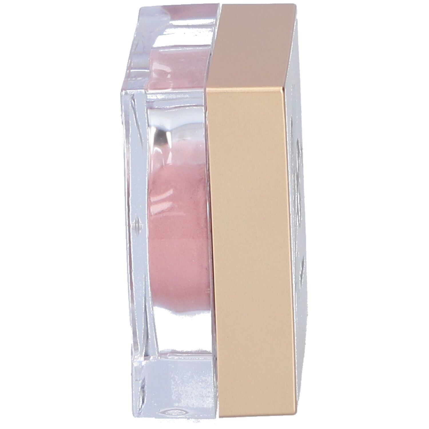 Seitenansicht einer quadratischen Kosmetikdose. Goldener Deckel, transparenter Behälter mit rosa Inhalt.