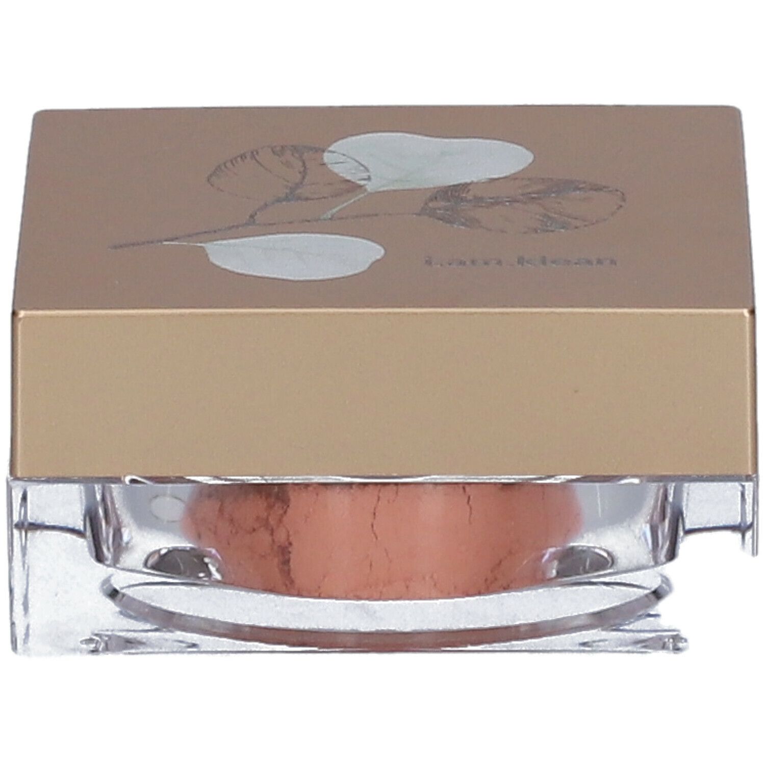 Boîte carrée avec contenu rose. Couvercle doré avec motif floral et inscription i.am.klean.