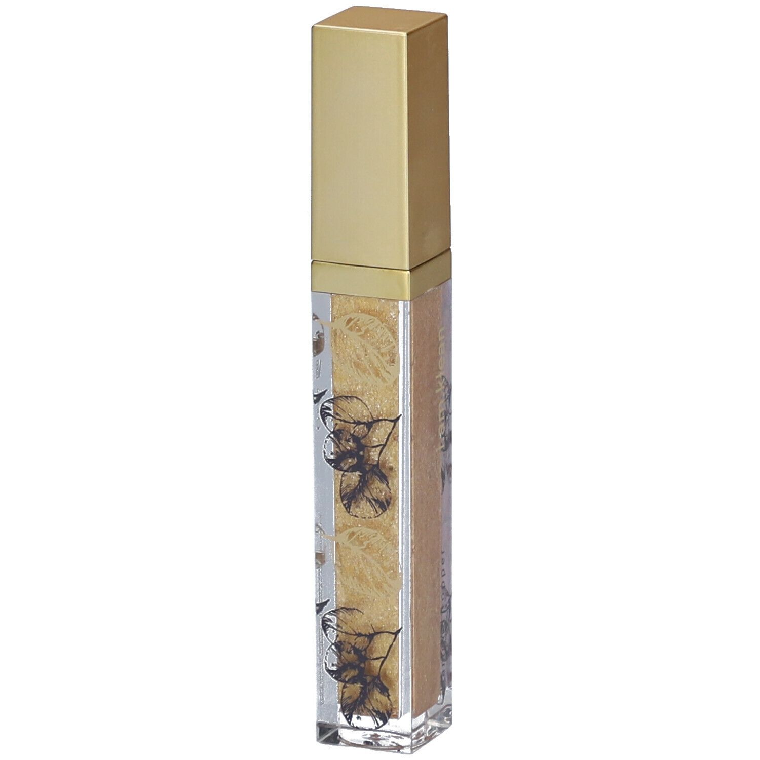 Gouden diamond topper in een transparant flesje met gouden dop. Bloemenpatronen op het flesje.