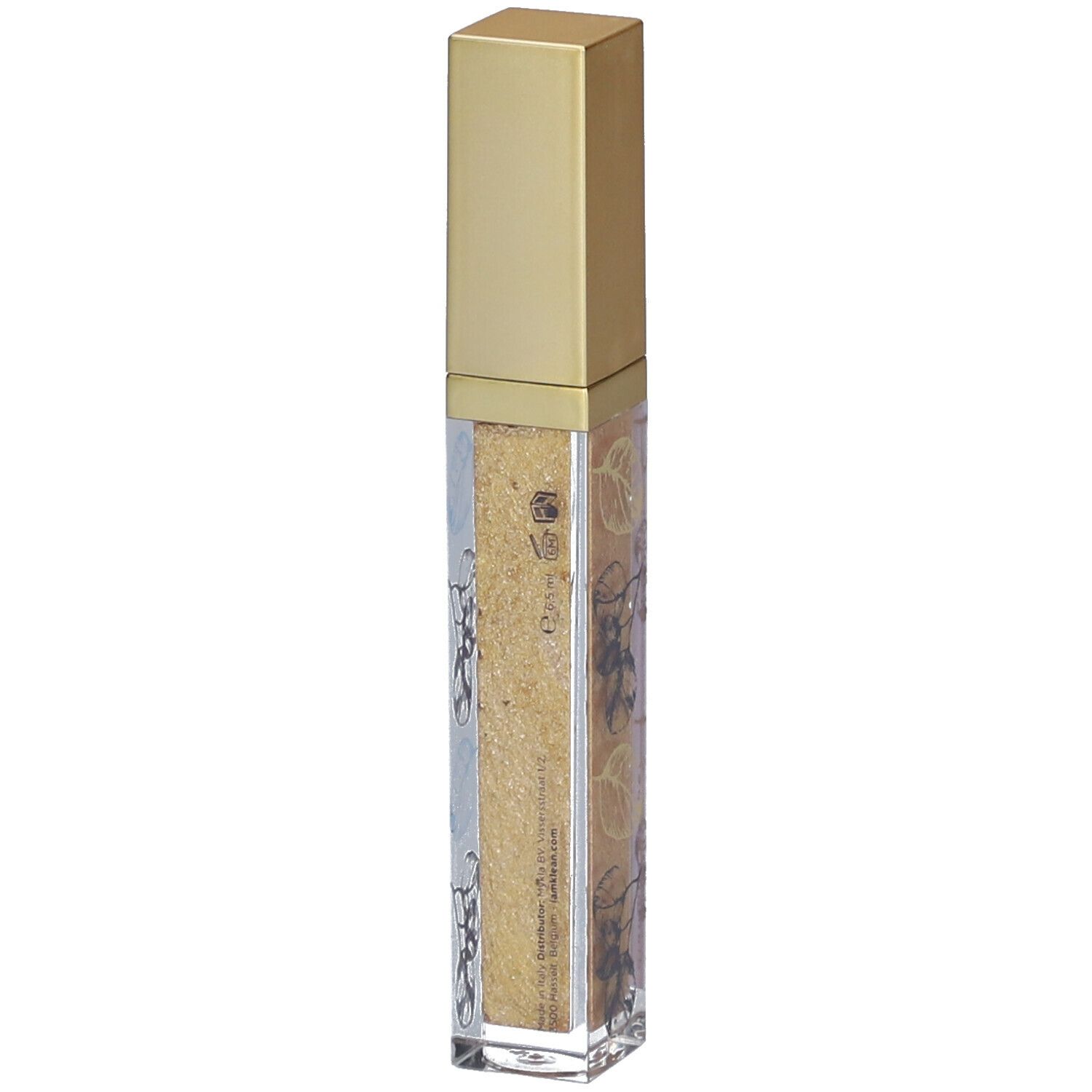 Gouden diamond topper in een transparant flesje met gouden dop. Bloemenpatronen op het flesje.