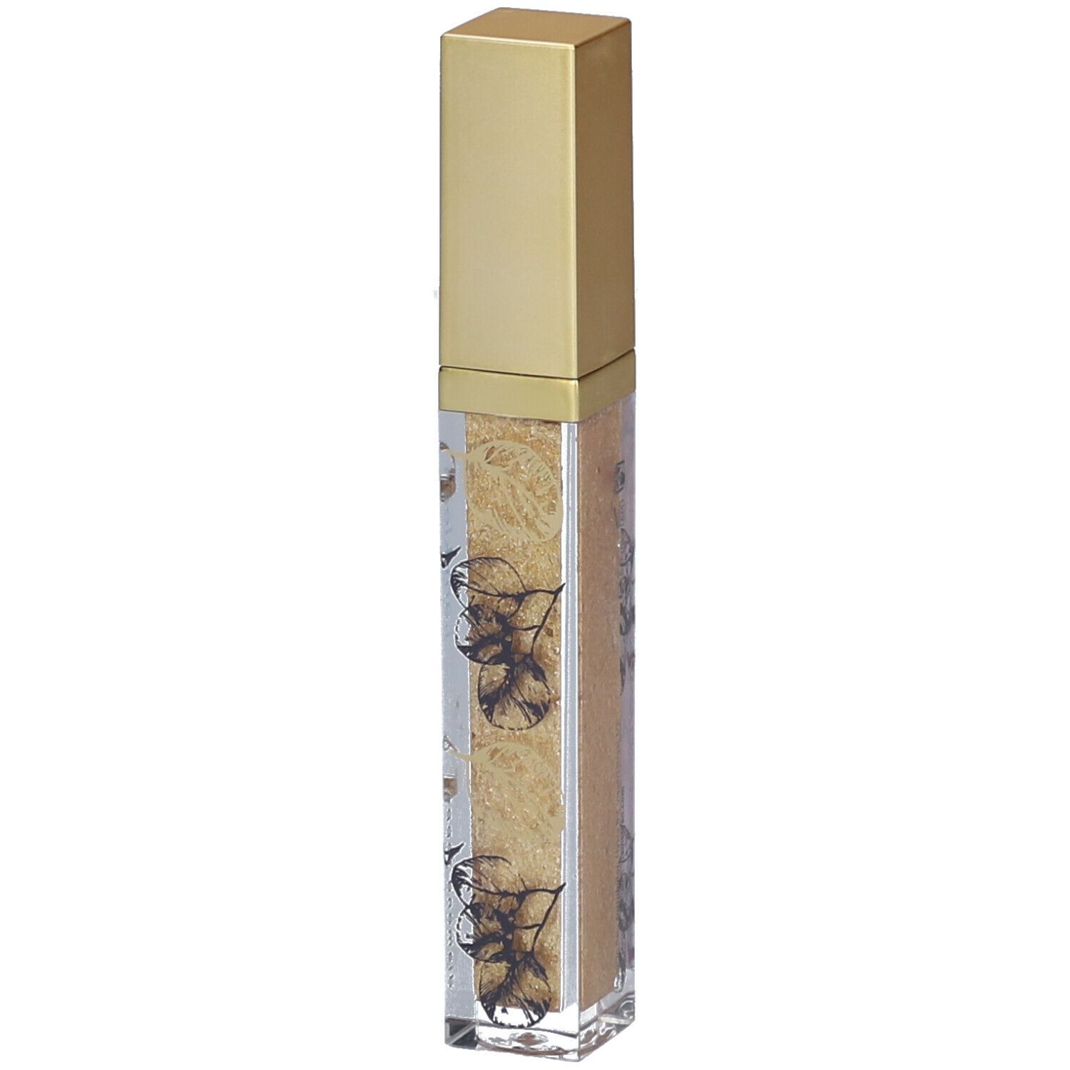 Gouden diamond topper in een transparant flesje met gouden dop. Bloemenpatronen op het flesje.