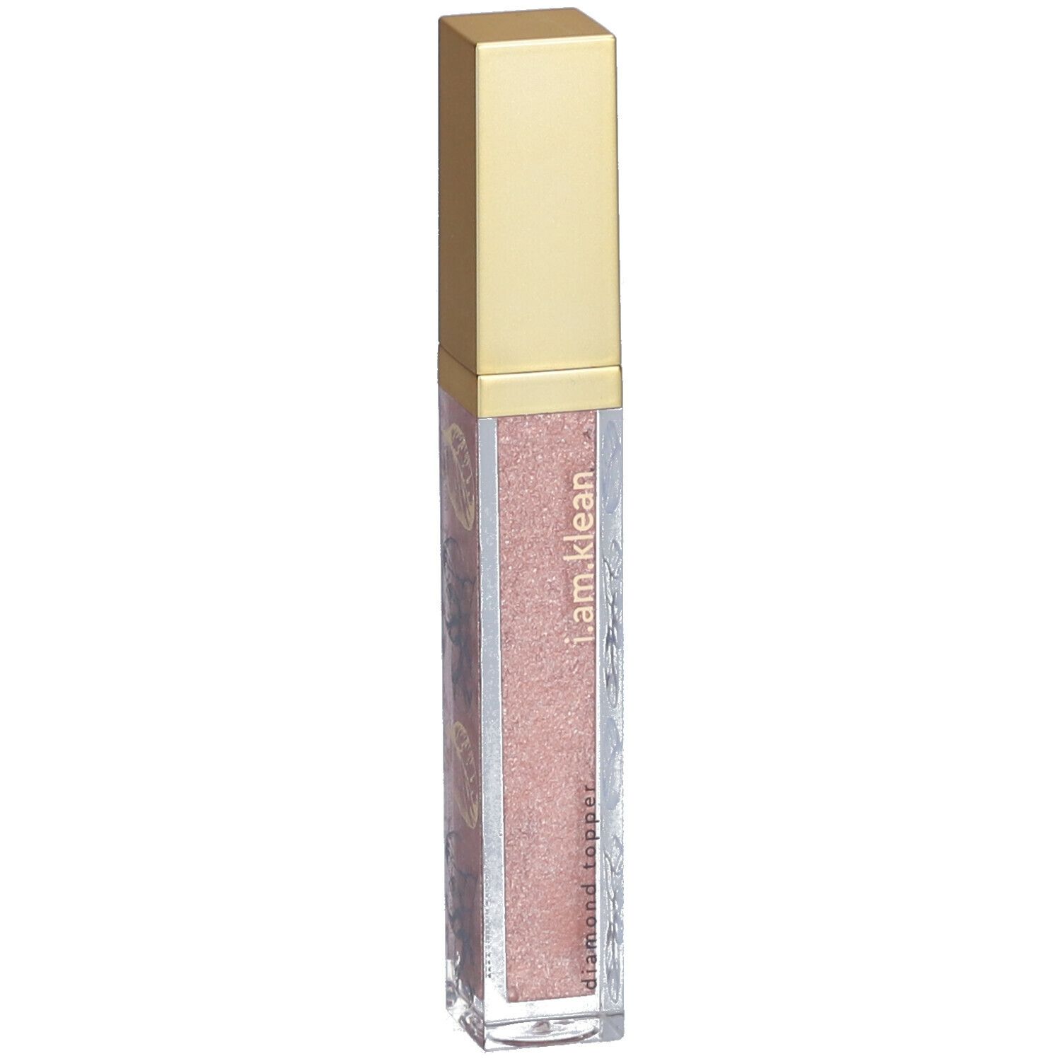 Kosmetikprodukt mit goldfarbenem Deckel und transparentem Behälter. Aufschrift: i.am.klean diamond topper. Rosa Inhalt.