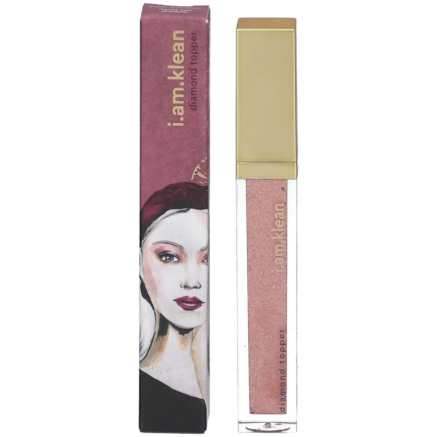 Kosmetikprodukt mit goldfarbenem Deckel und transparentem Behälter. Aufschrift: i.am.klean diamond topper. Rosa Inhalt. Mit Verpackung.